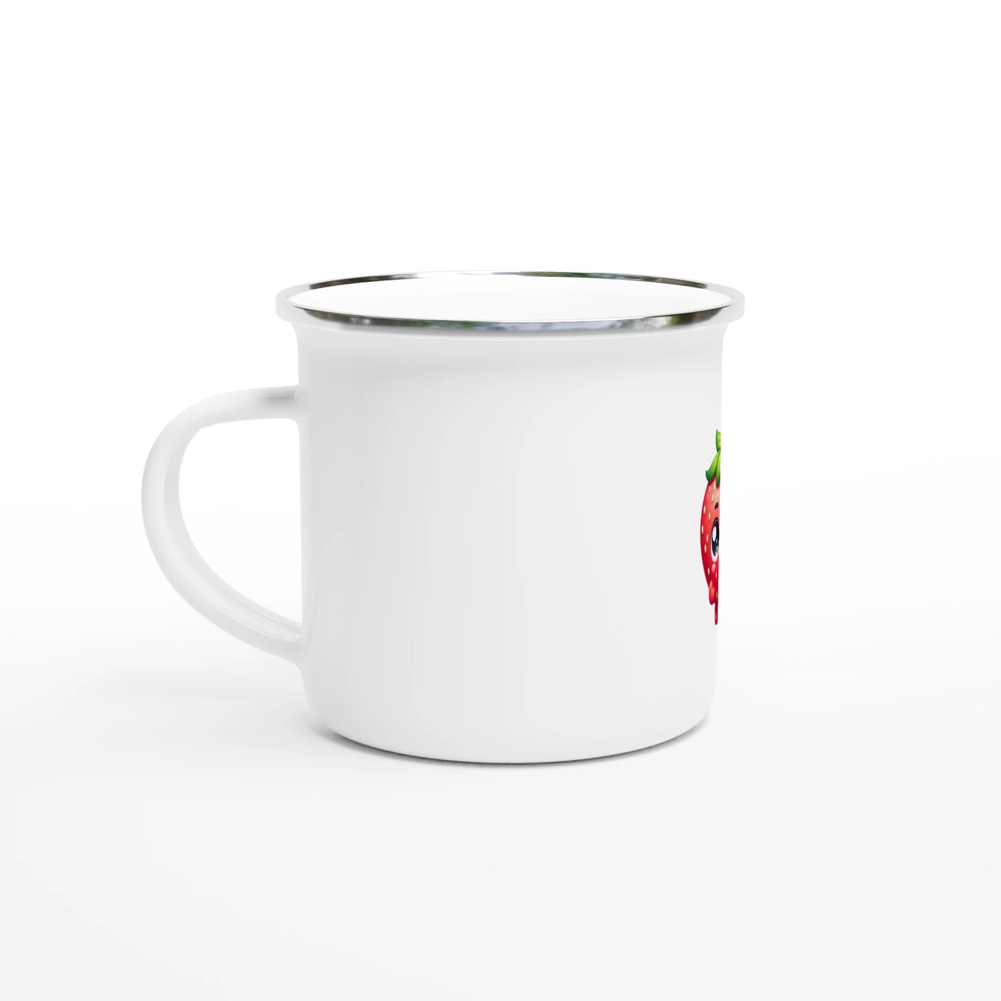 White Christian enamel mug featuring a colorful strawberry design for everyday use