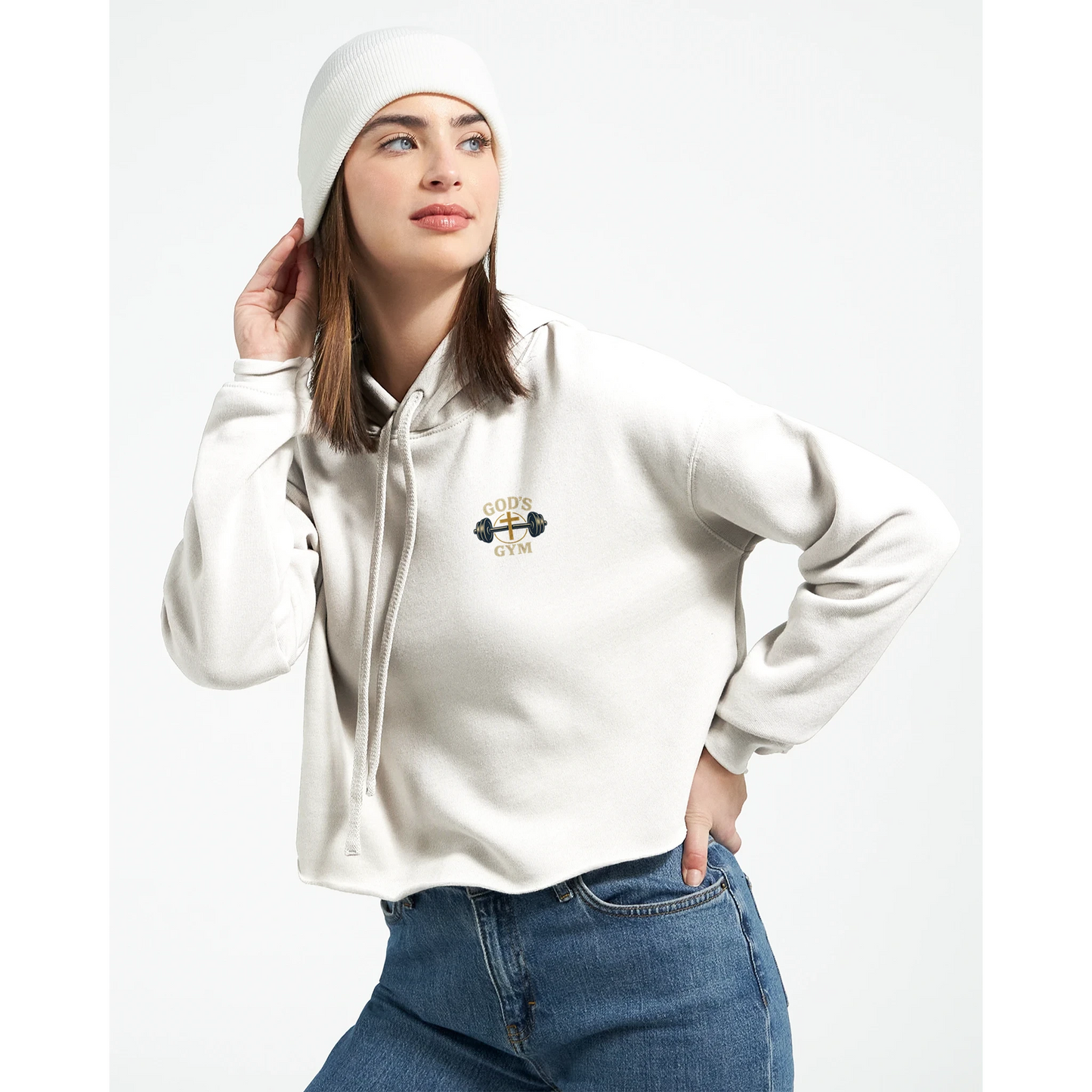 Stylish Christian hoodie for women in cream color with artistic gym design printed on front