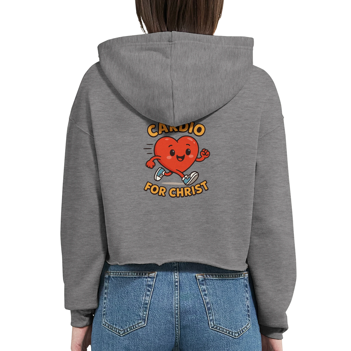 Gray Christian hoodie for women featuring a fun heart design with the slogan Cardio for Christ