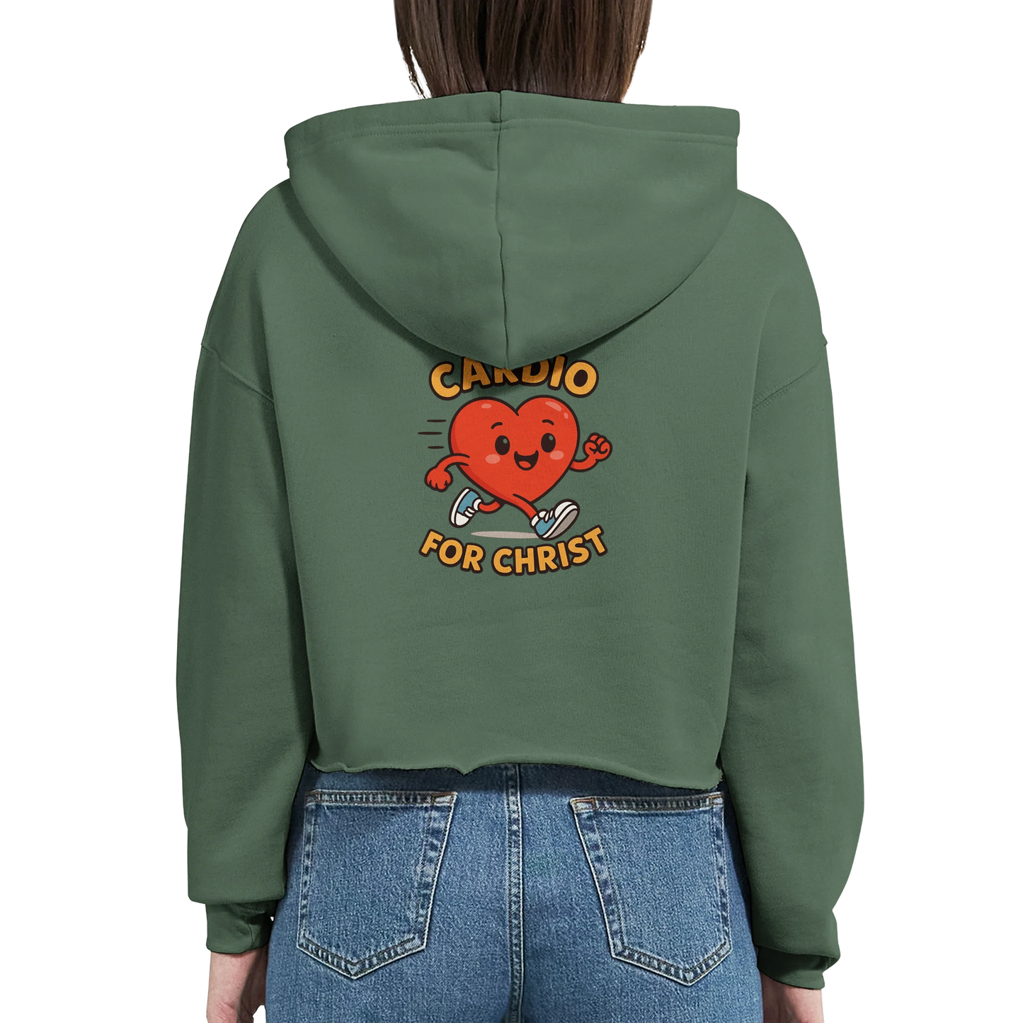 Green Christian hoodie for women featuring a playful heart design with the text Cardio for Christ