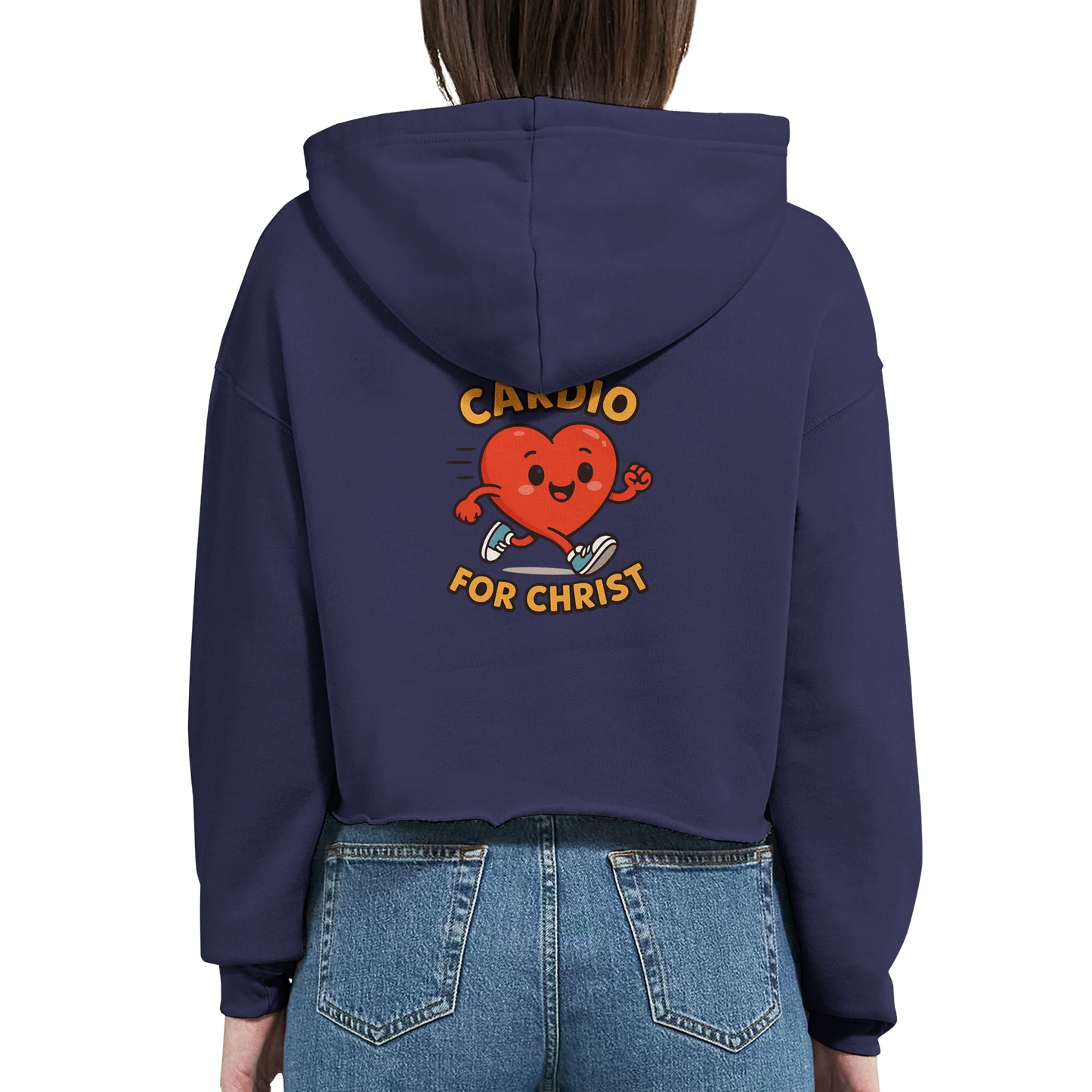 Navy Christian hoodie for women featuring a playful heart graphic with the text 'Cardio for Christ'