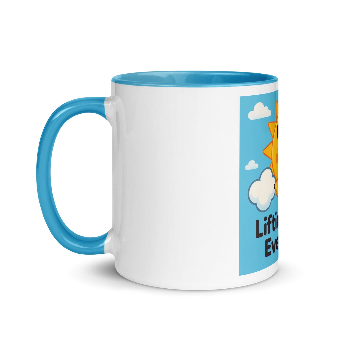 White ceramic Christian inspirational mug with blue handle and interior featuring uplifting sun and cloud design