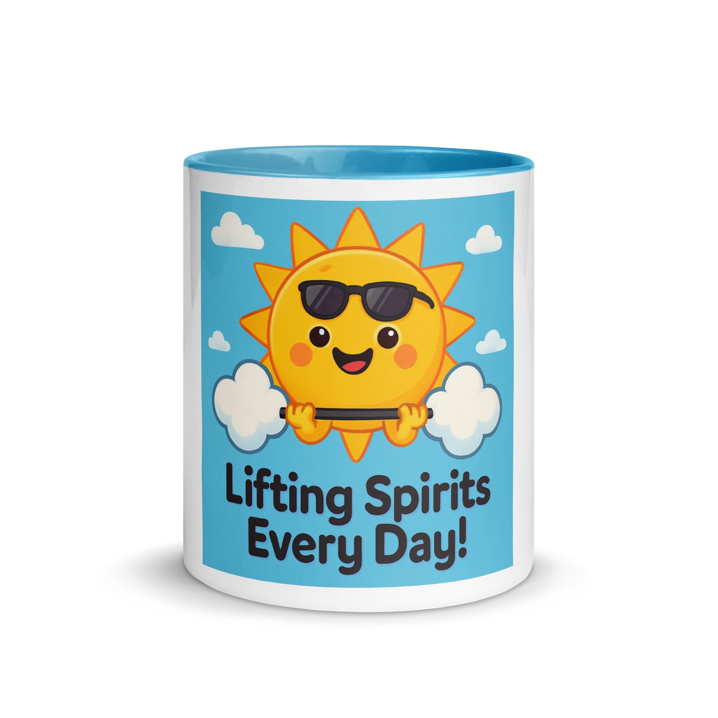 Christian inspirational mug with smiling sun lifting weights and lifting spirits every day text