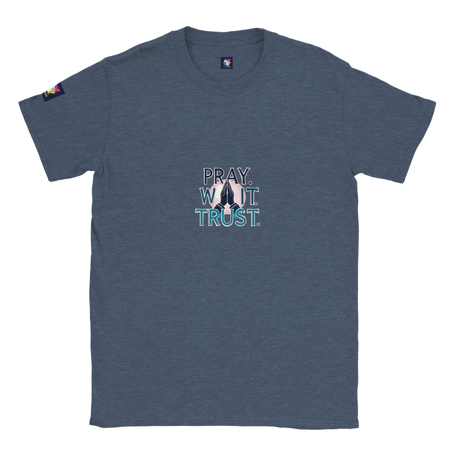 Spirit Wear Christian inspirational t-shirt in navy blue with the text Pray Wait Trust