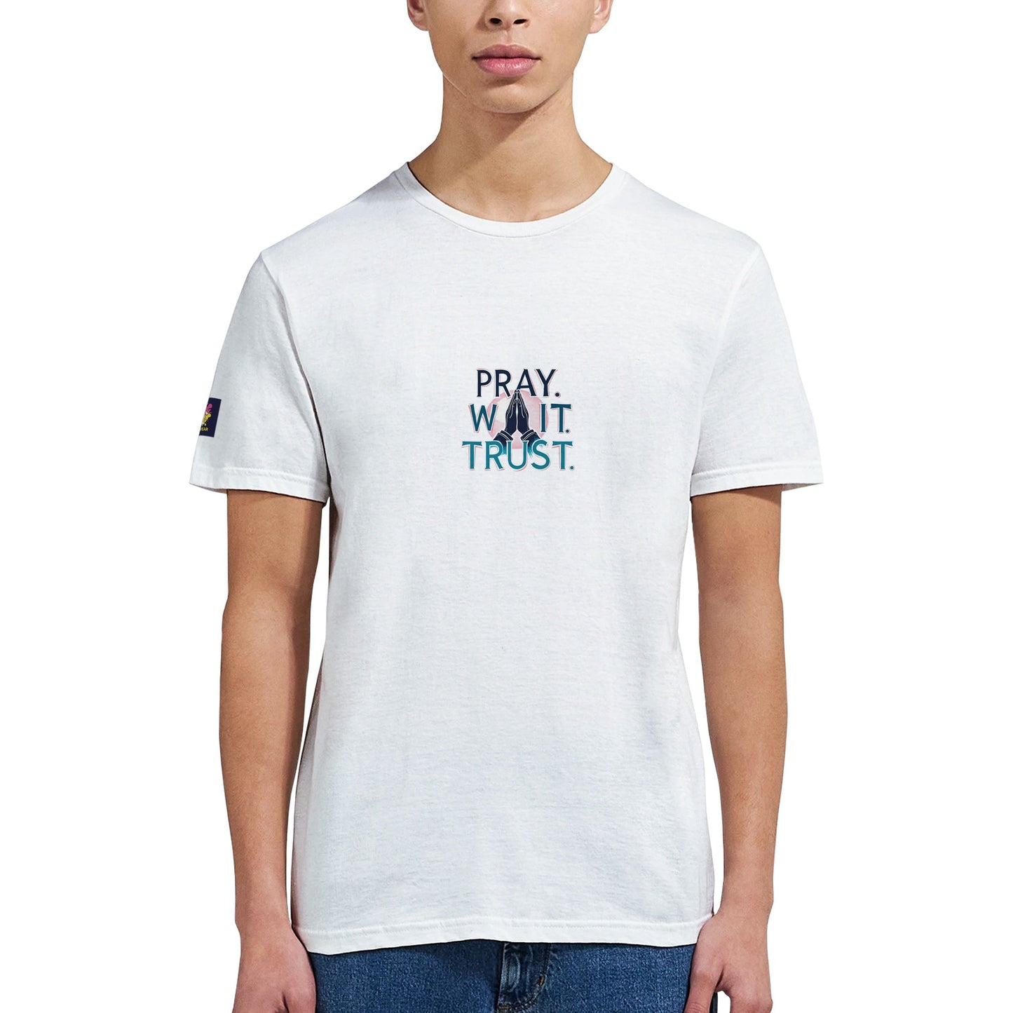 Christian inspirational t-shirt with the text Pray. Wait. Trust. in stylish design