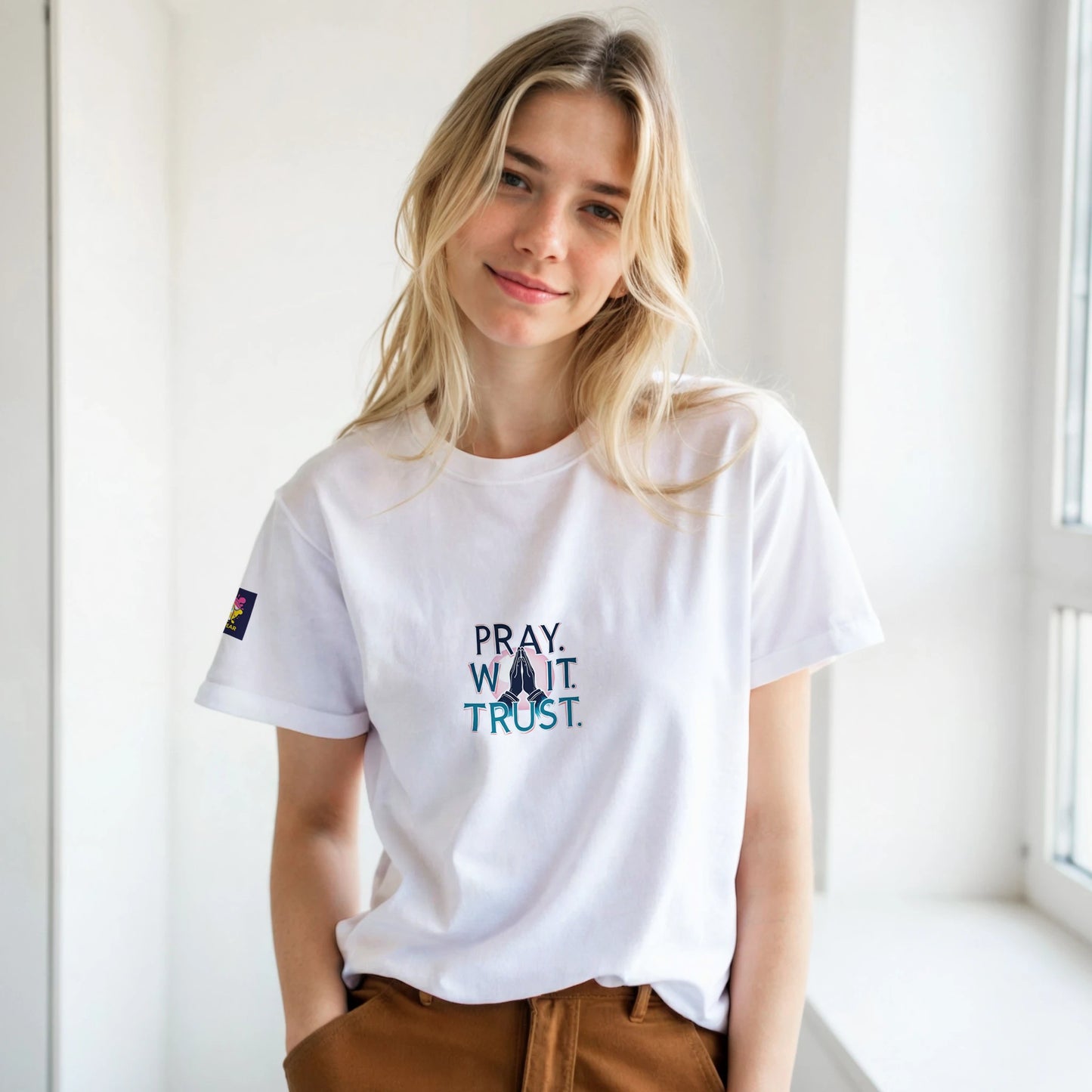 White Christian inspirational t-shirt with the graphic 'Pray. Wait. Trust.' for casual wear