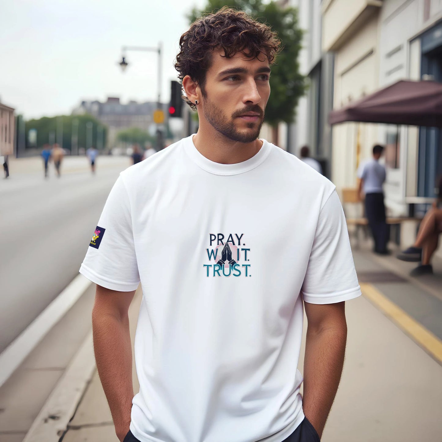 Spirit Wear Christian inspirational t-shirt with 'Pray, Wait, Trust' design in a modern fit