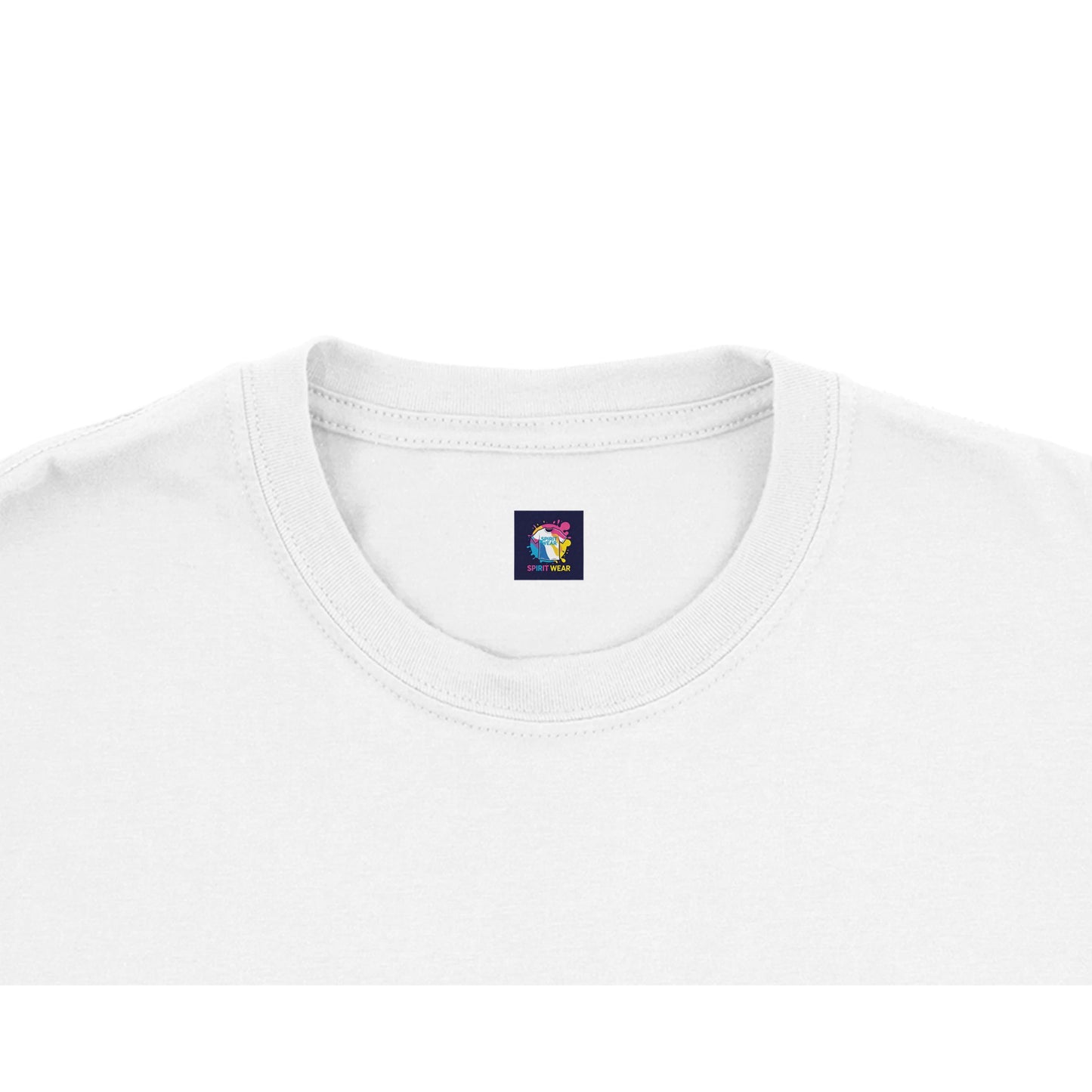 Close-up of a white Christian inspirational t-shirt with a classic crew neckline