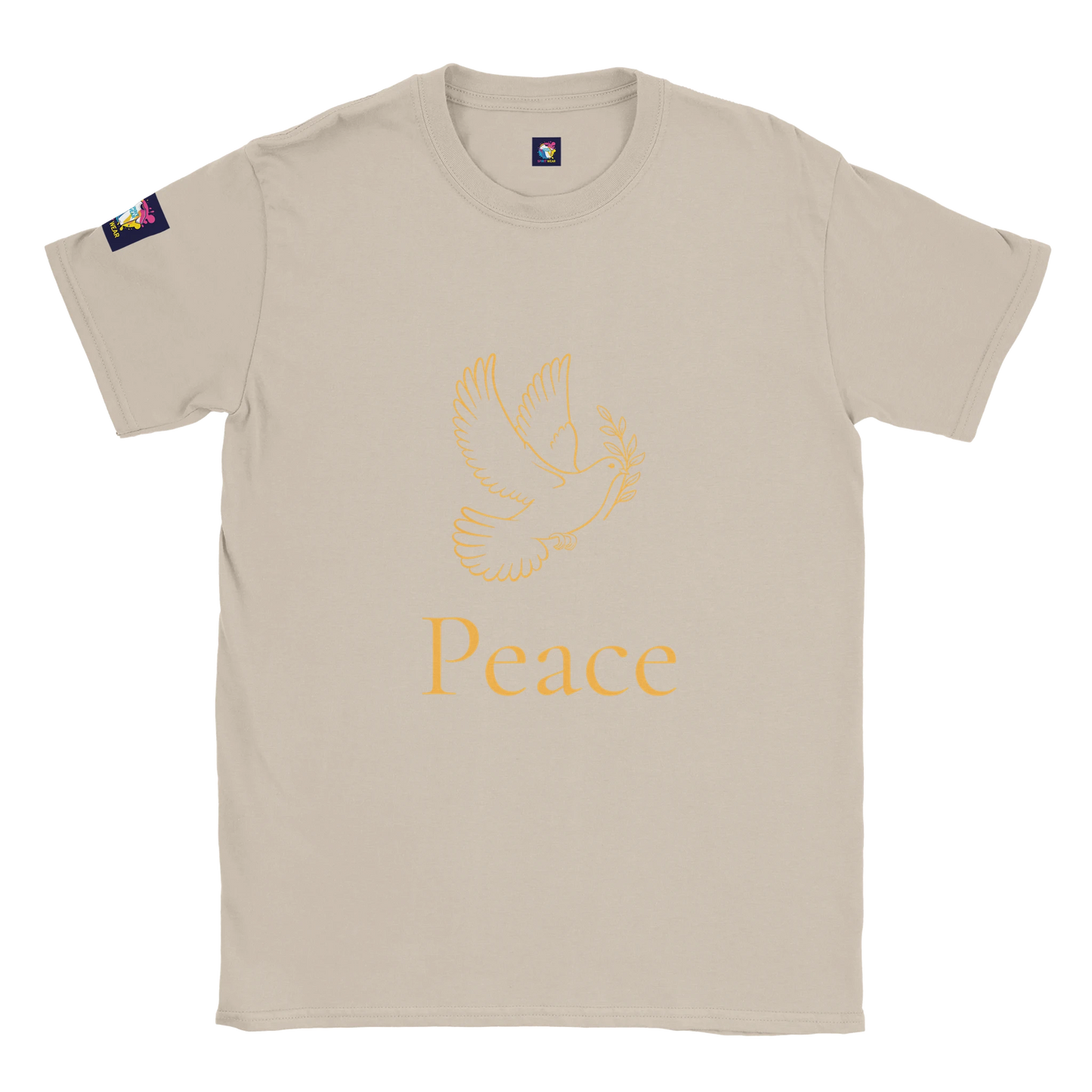 Beige Christian peace t-shirt featuring a dove design and the word peace in elegant font