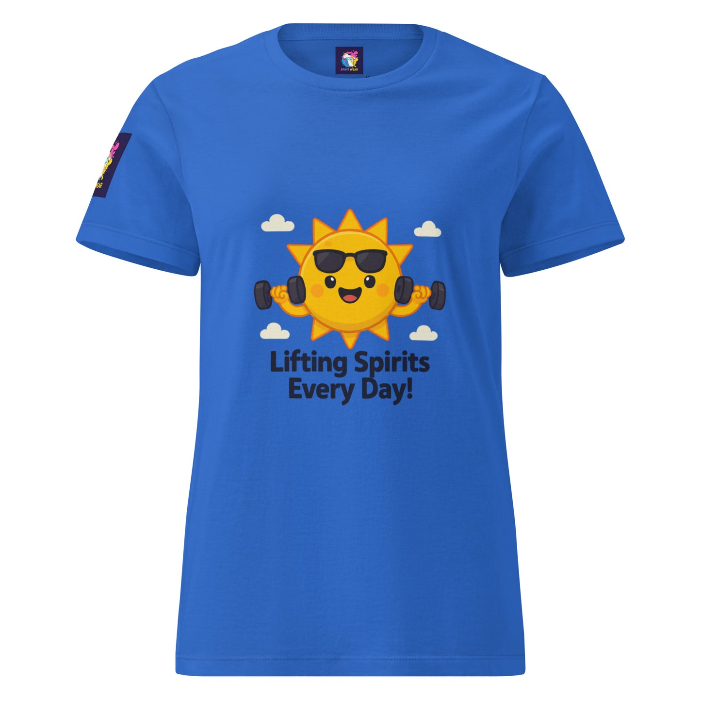 Comfortable women's spiritual shirt in blue with sun lifting weights and text lifting spirits every day