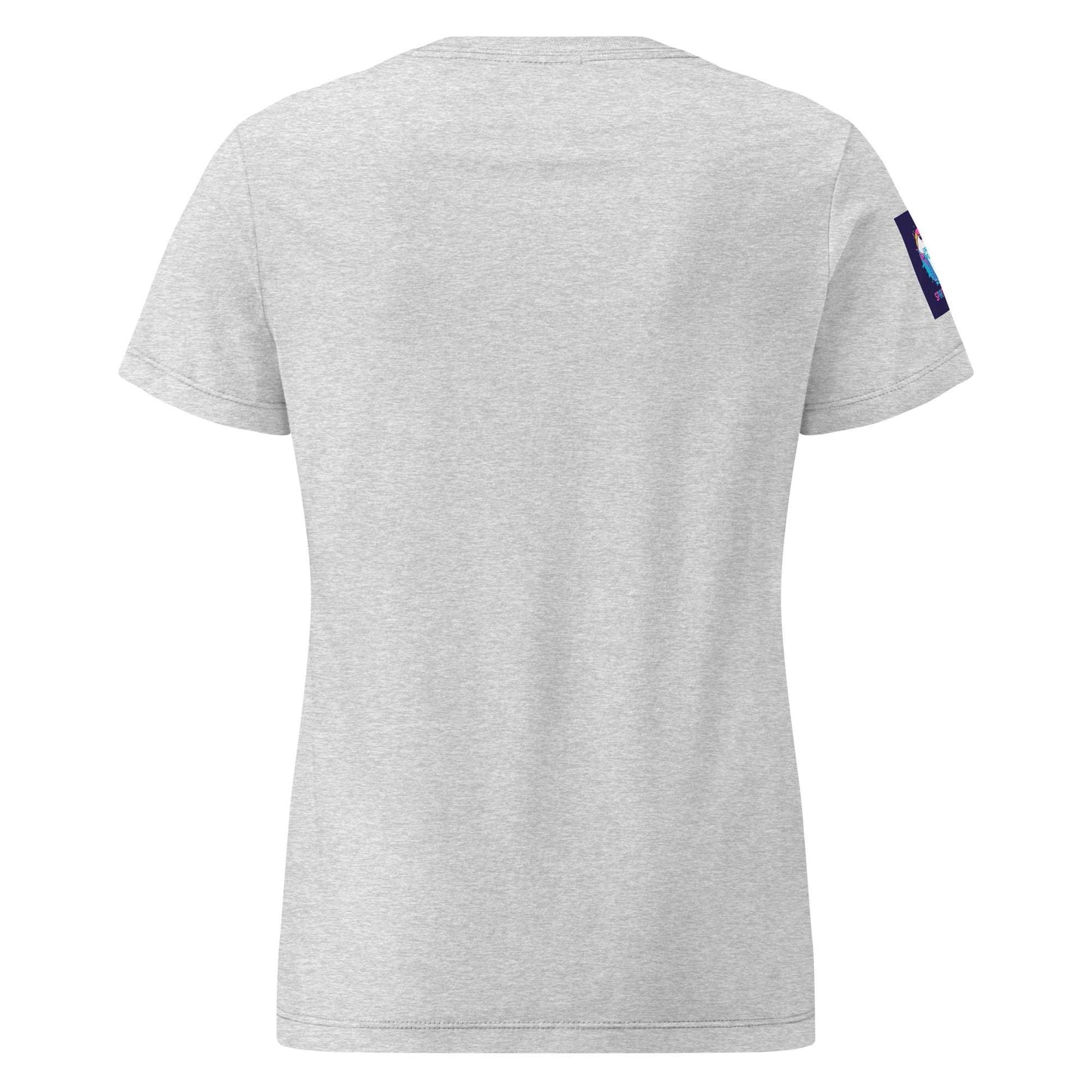 Back view of a comfortable women's spiritual shirt in light gray with a small sleeve patch