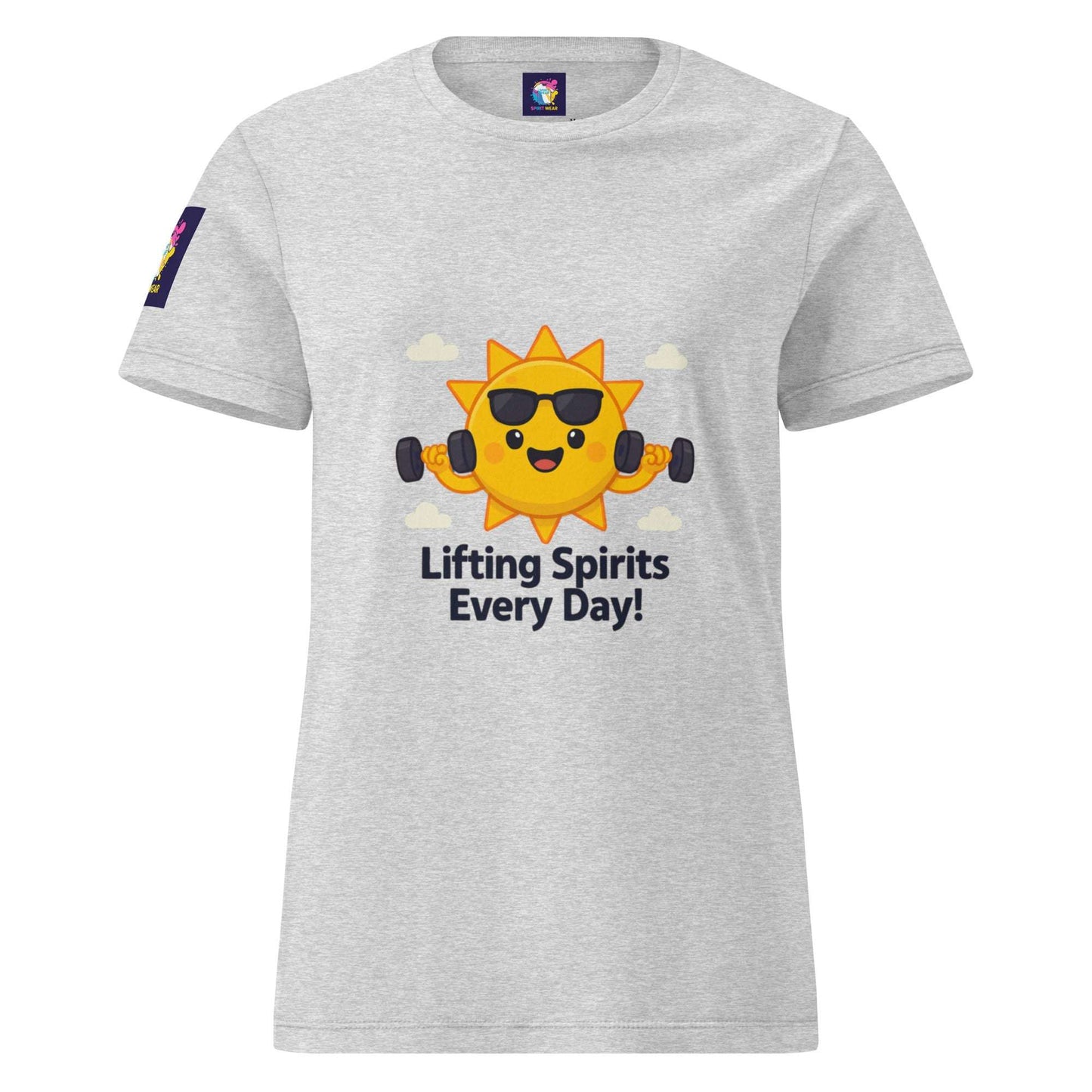 Comfortable women's spiritual shirt in light gray with a sun lifting weights and lifting spirits every day text