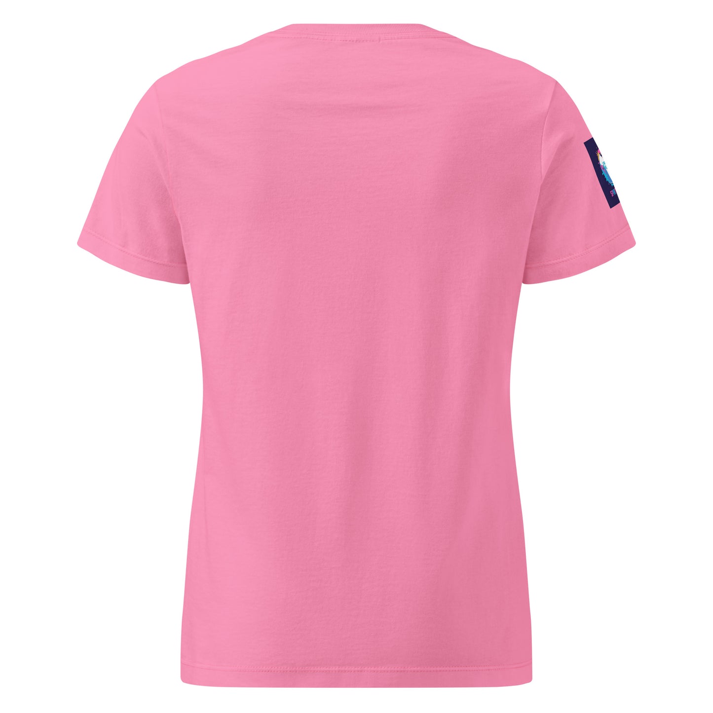 Back view of a comfortable women's spiritual shirt in pink with short sleeves