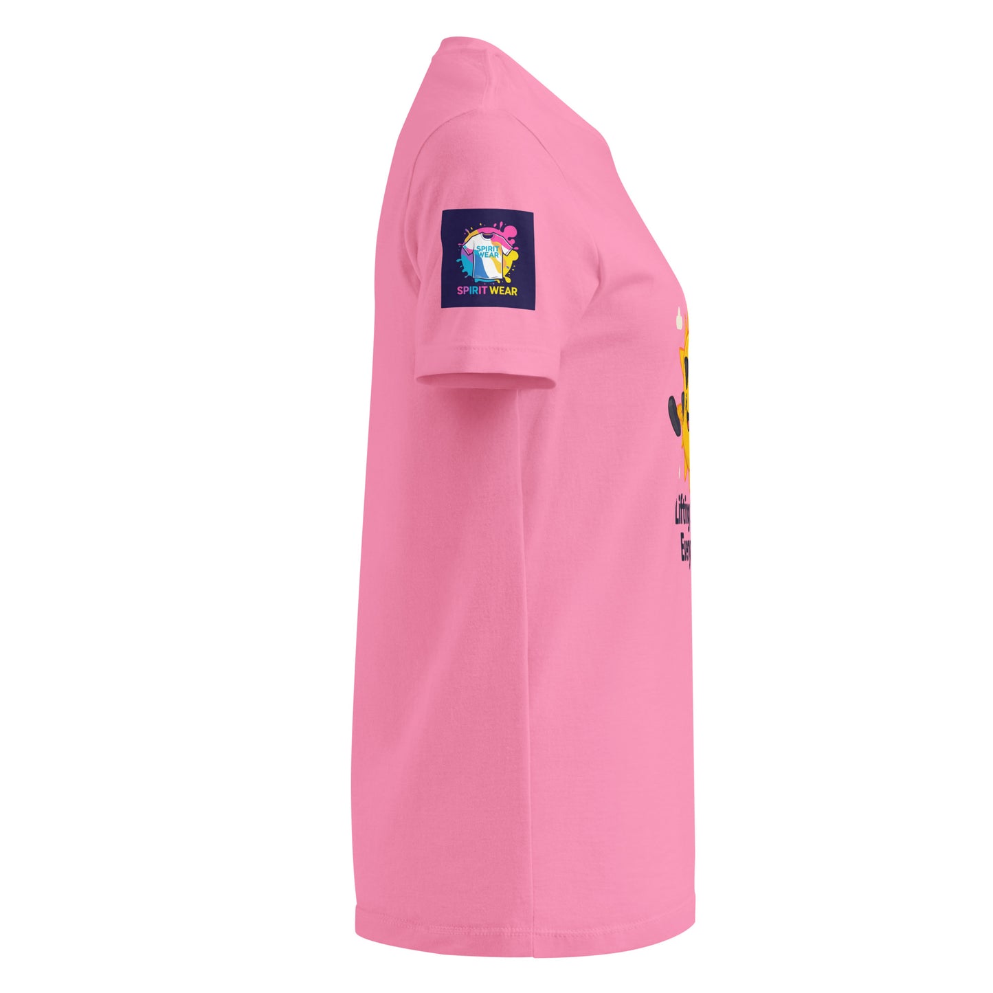 Side view of a comfortable women's spiritual shirt in pink with sleeve logo patch from My Store