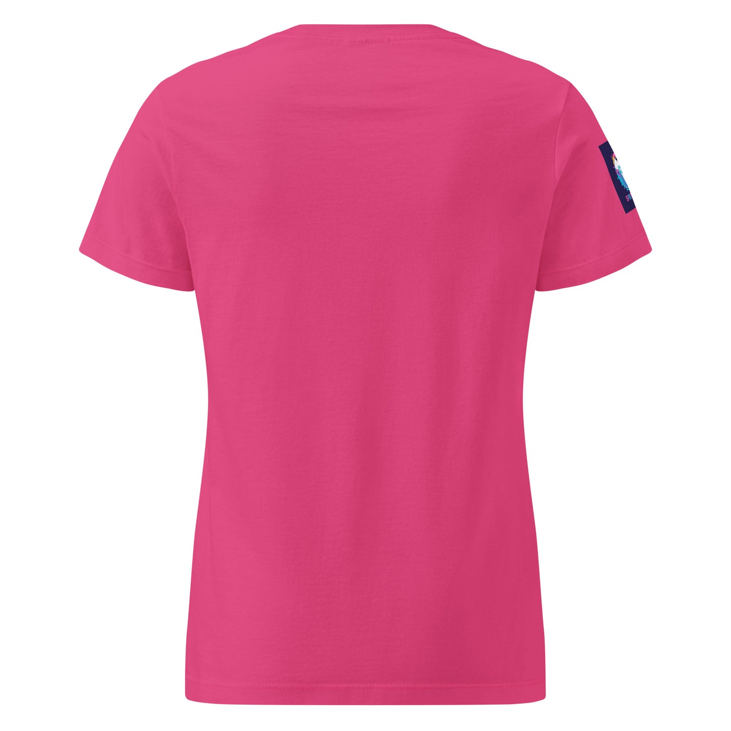 Back view of comfortable women's spiritual shirt in bright pink with short sleeves