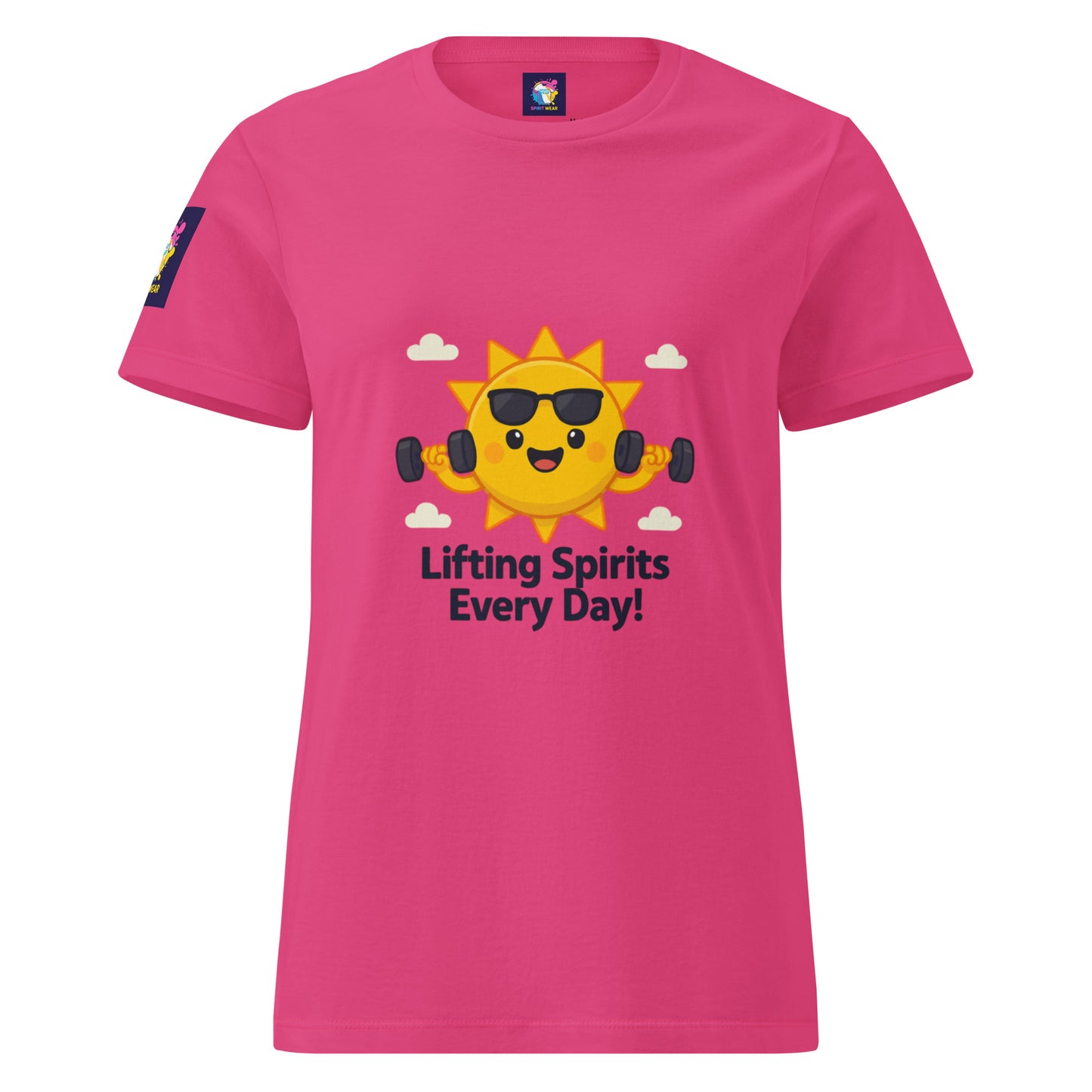 Pink comfortable women's spiritual shirt with a smiling sun lifting dumbbells and lifting spirits every day text