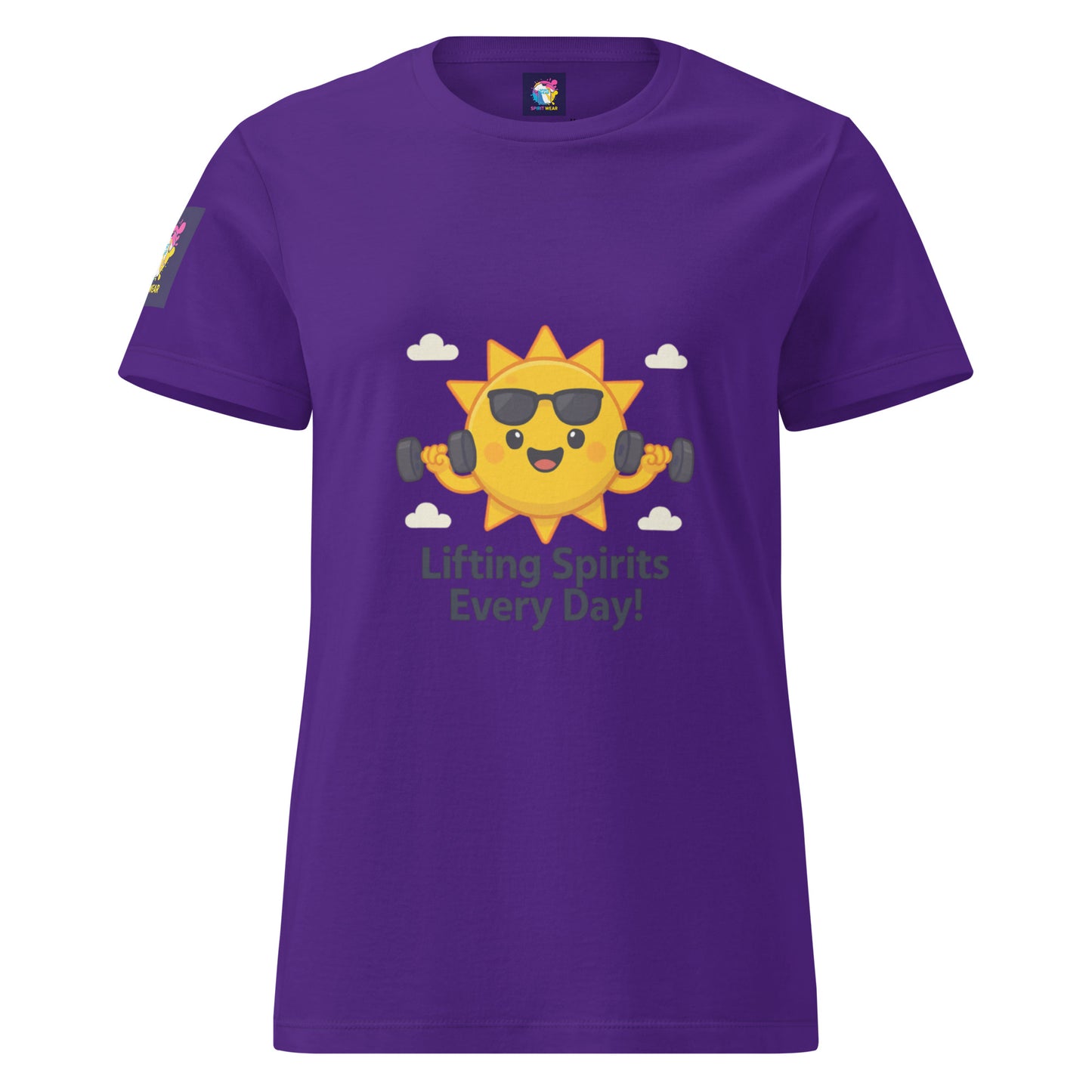 Purple comfortable women's spiritual shirt with sun lifting dumbbells and Lifting Spirits Every Day text