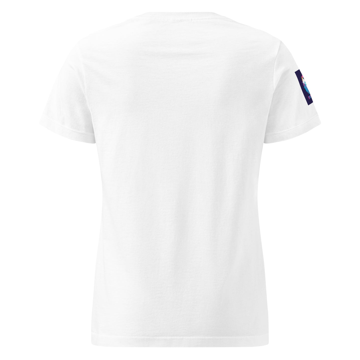 Back view of a comfortable women's spiritual shirt in plain white with short sleeves