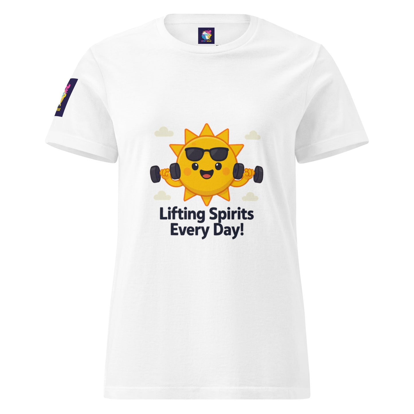 White comfortable women's spiritual shirt with a smiling sun lifting weights and Lifting Spirits Every Day text
