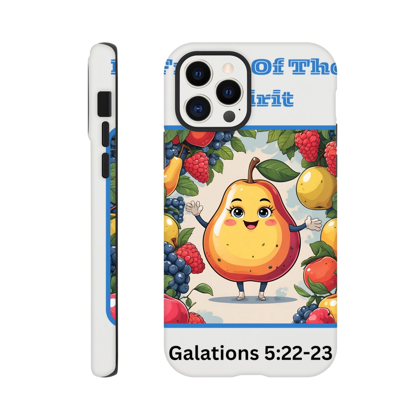 Fruits of the spirit phone case with cute pear character and colorful fruit design by Spirit Wear