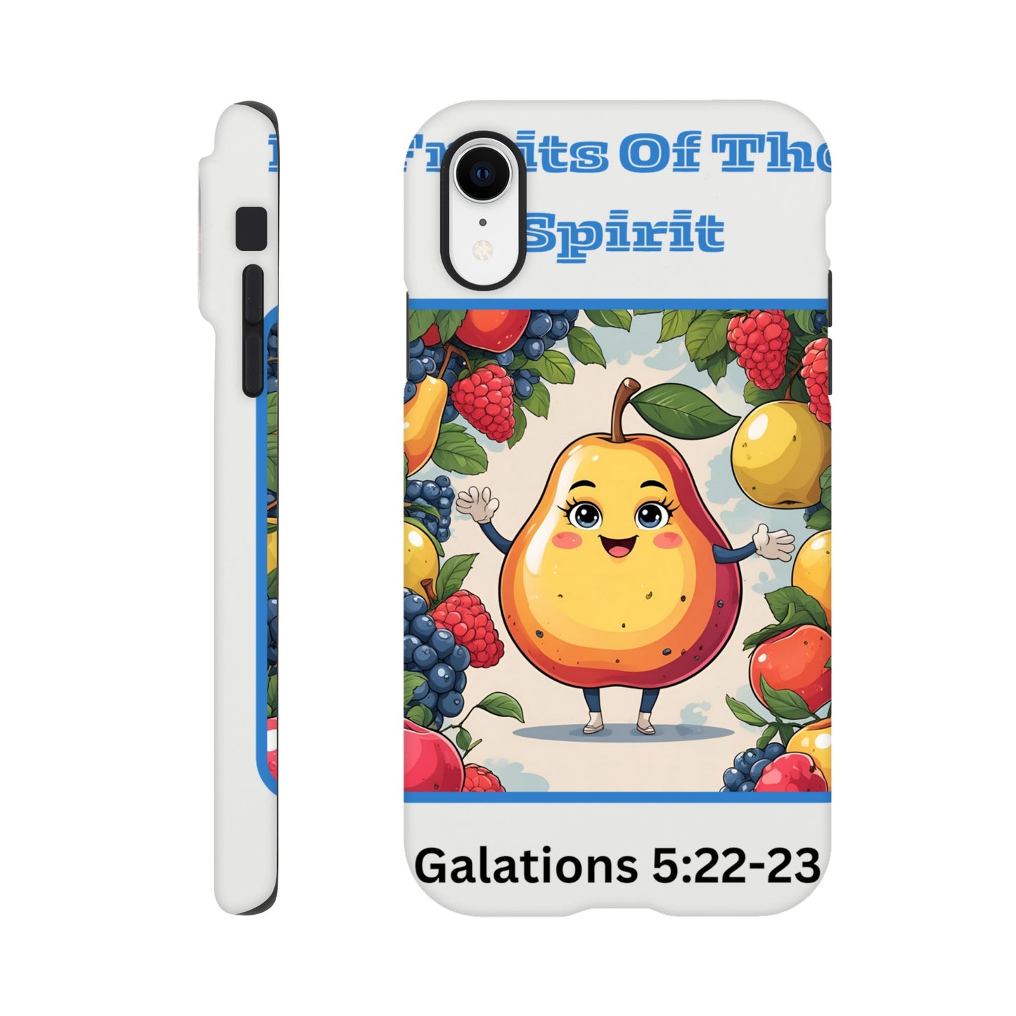 Fruits of the spirit phone case by Spirit Wear featuring cartoon fruits and Galatians 5:22-23 Bible verse