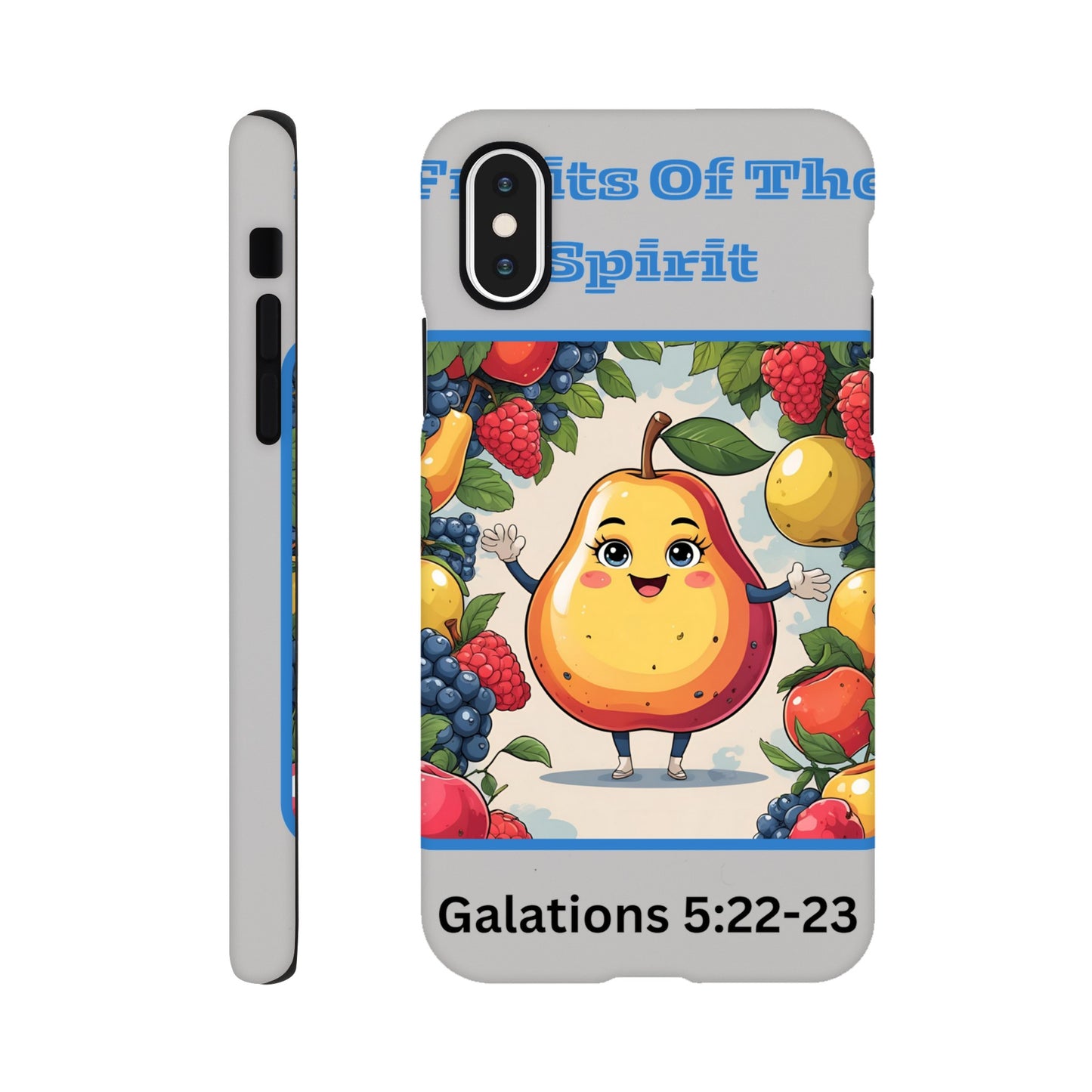 Fruits of the spirit phone case with smiling pear character and colorful fruit design from Spirit Wear