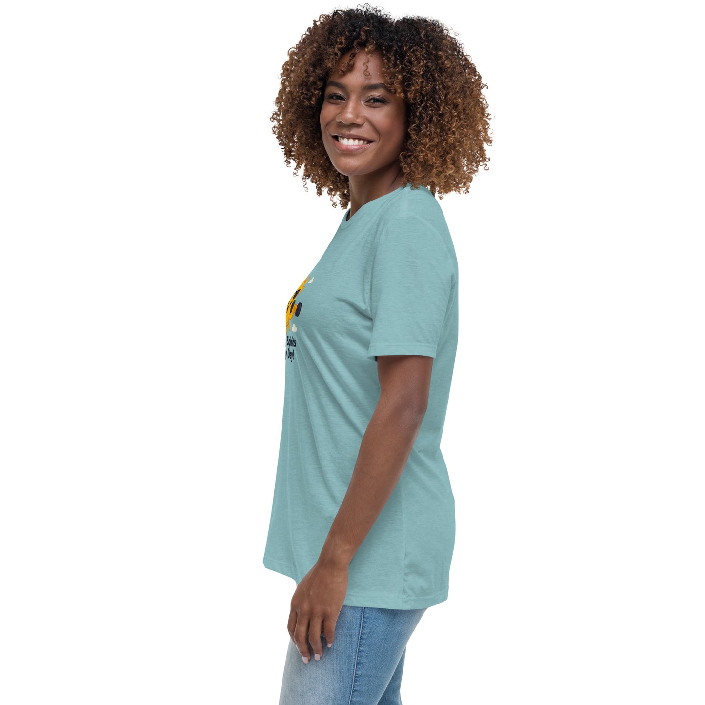 Heather Blue inspirational tee for women with a sun lifting weights and text Lifting Spirits Every Day