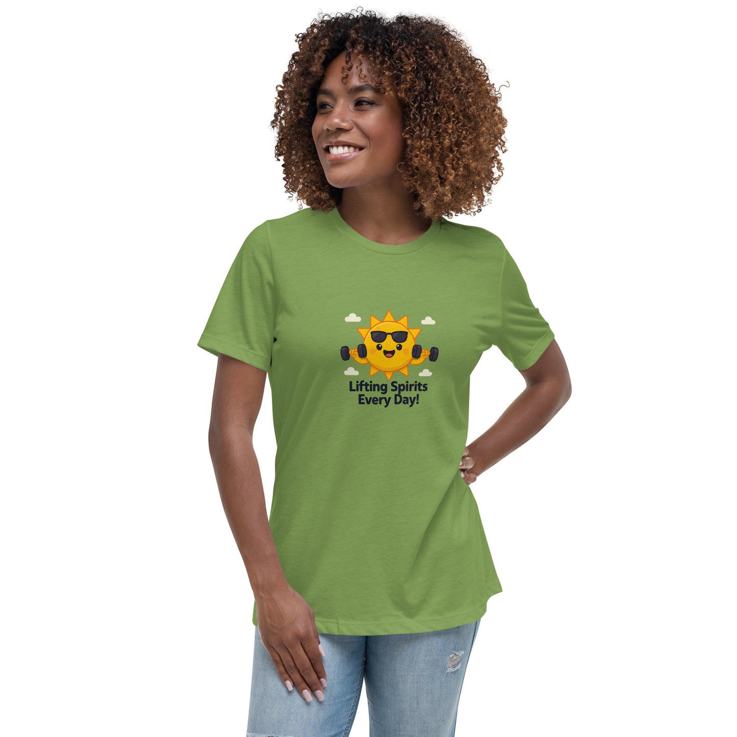 Green inspirational graphic tee for women with a sun lifting weights and text Lifting Spirits Every Day