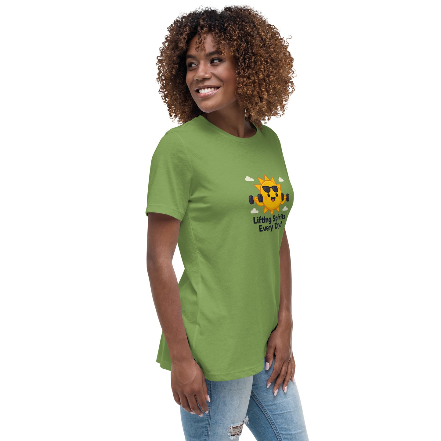 Green inspirational graphic tee for women with a sun lifting weights and text Lifting Spirits Every Day