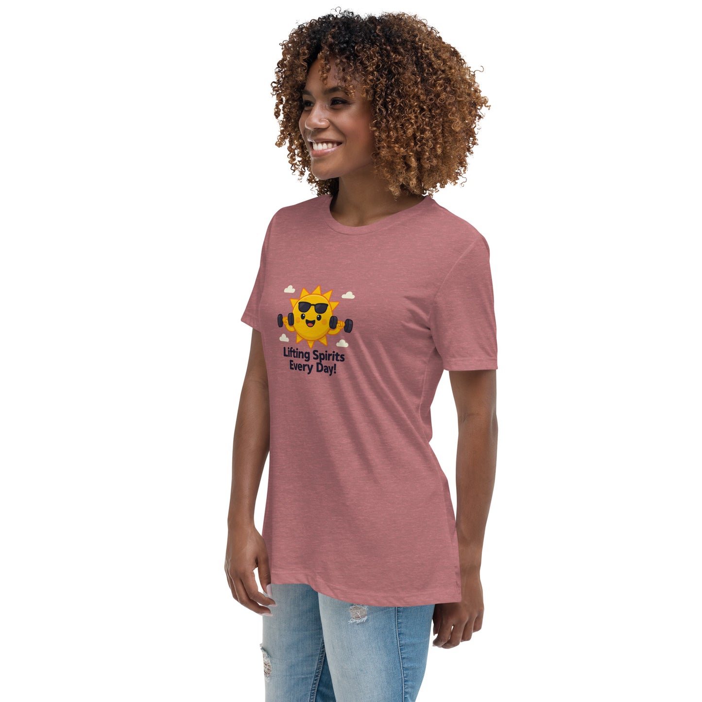 Inspirational graphic tee for women in pink with a smiling sun and lifting weights design