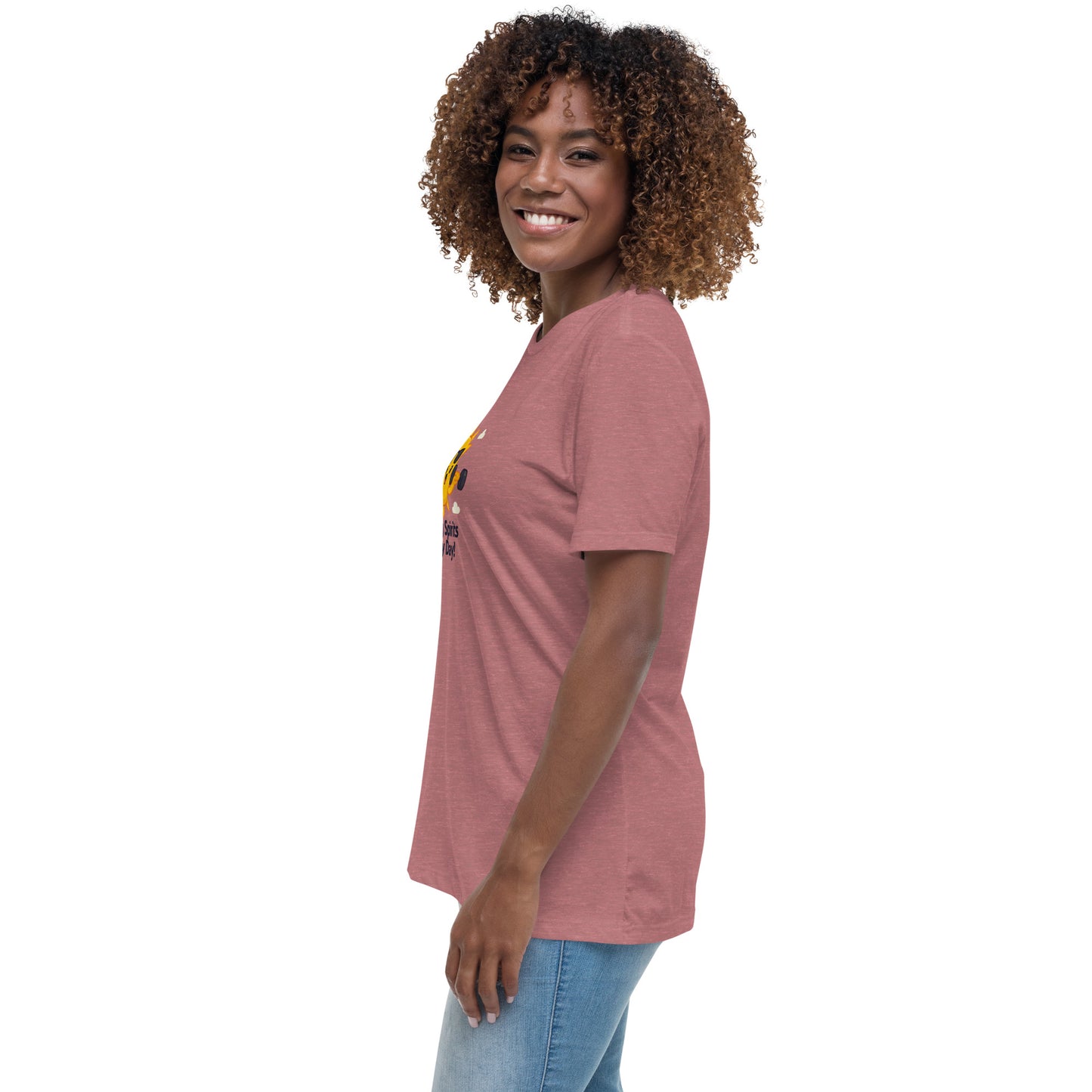 Spirit Wear inspirational graphic tee for women in dusty rose color worn by smiling woman