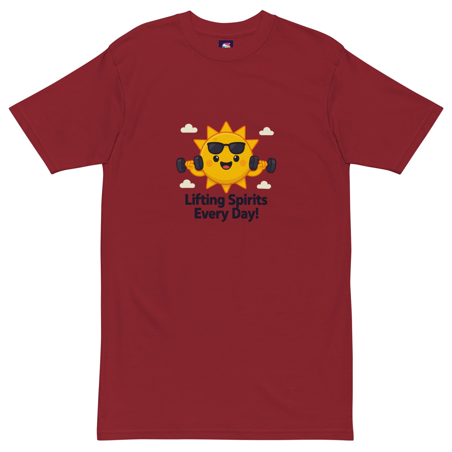 Maroon premium men's heavyweight inspirational t-shirt with sun lifting dumbbells and lifting spirits every day text