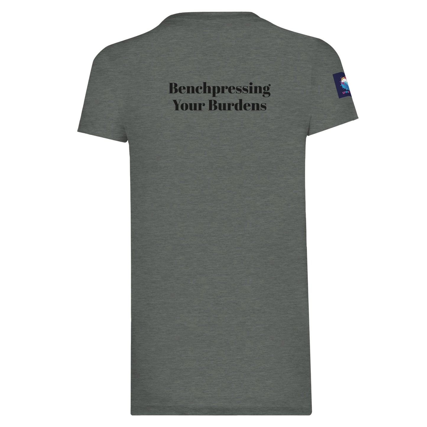 Gray premium spiritual t-shirt with Benchpressing Your Burdens text on back by Spirit Wear