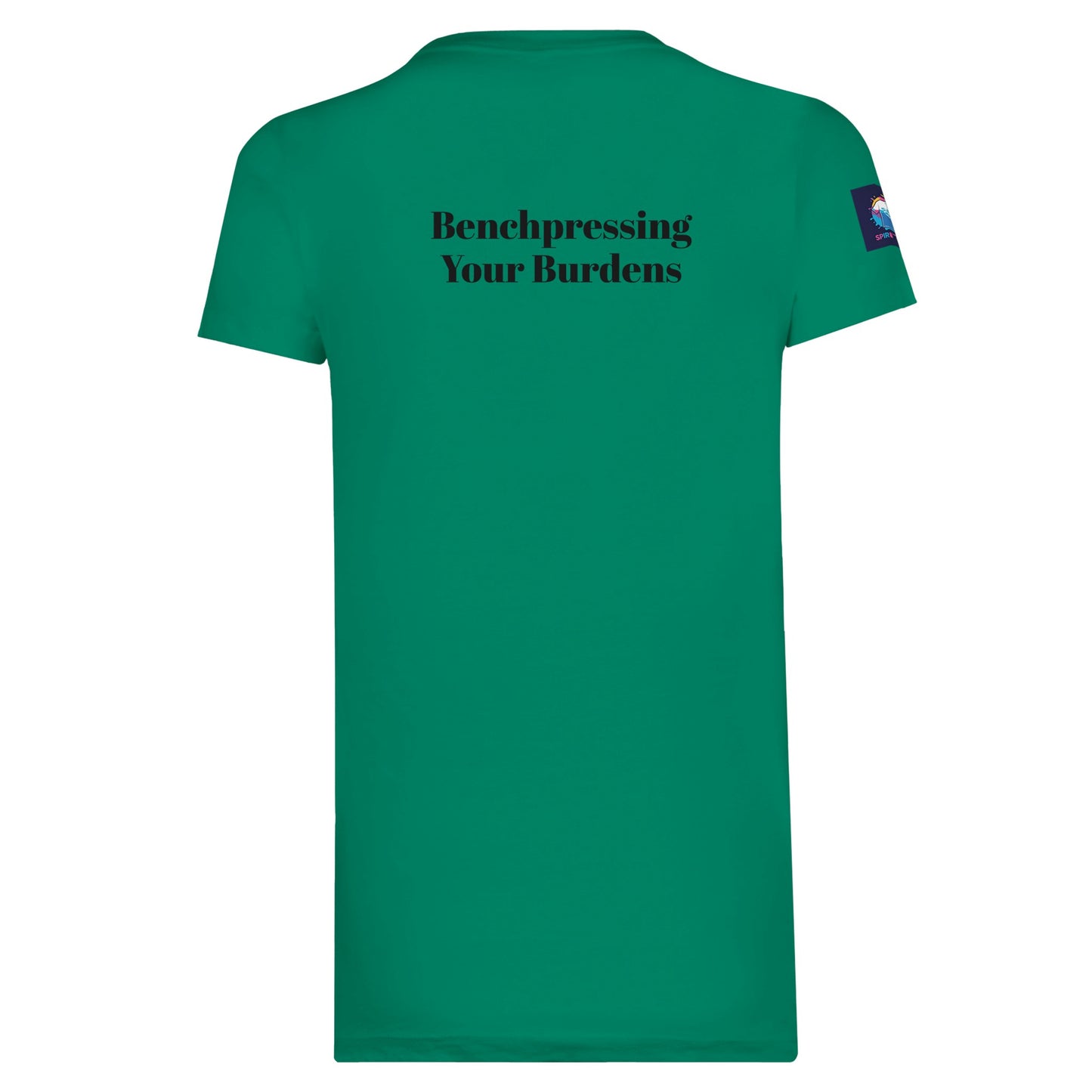Green premium spiritual t-shirt from Spirit Wear with Benchpressing Your Burdens text on back