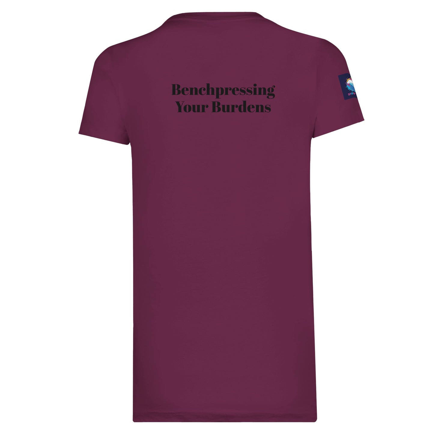Spirit Wear premium spiritual t-shirt in maroon with Benchpressing Your Burdens text on back