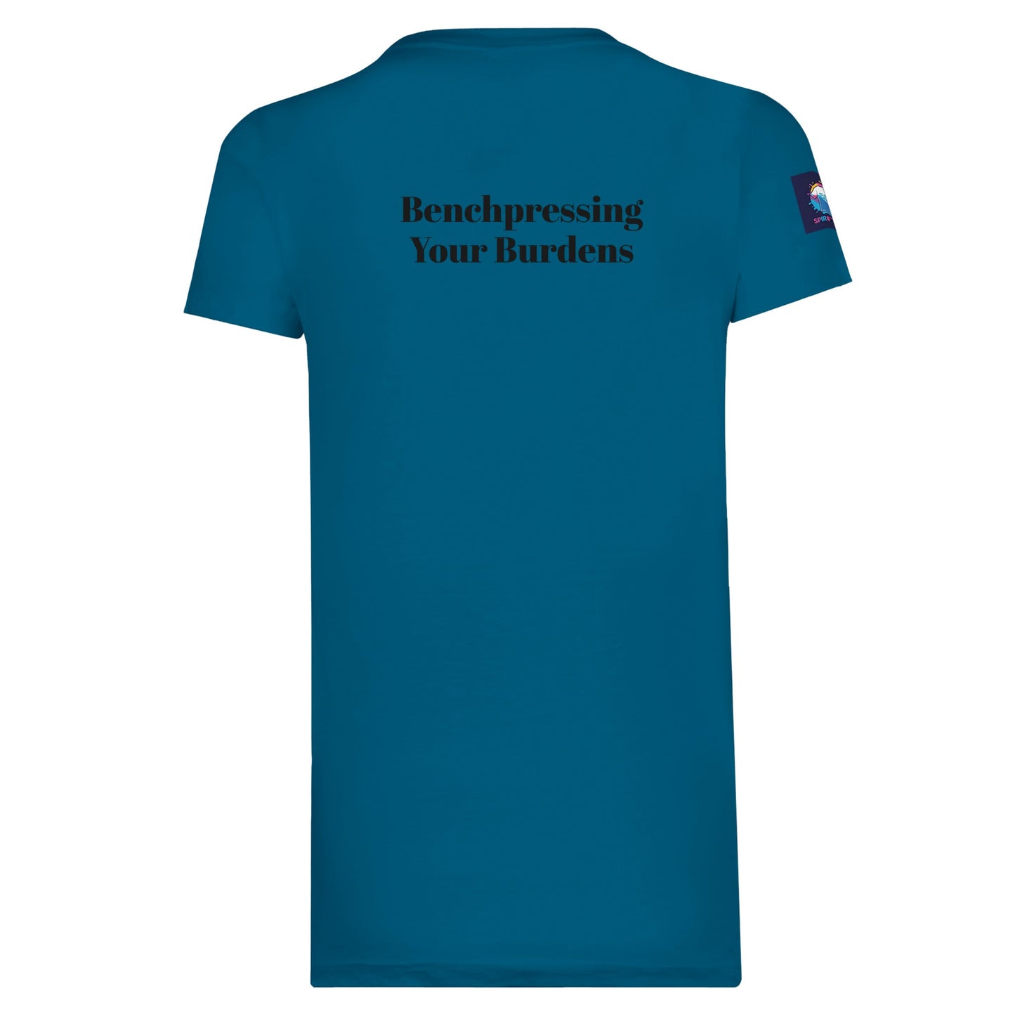 Blue premium spiritual t-shirt from Spirit Wear with Benchpressing Your Burdens text on the back