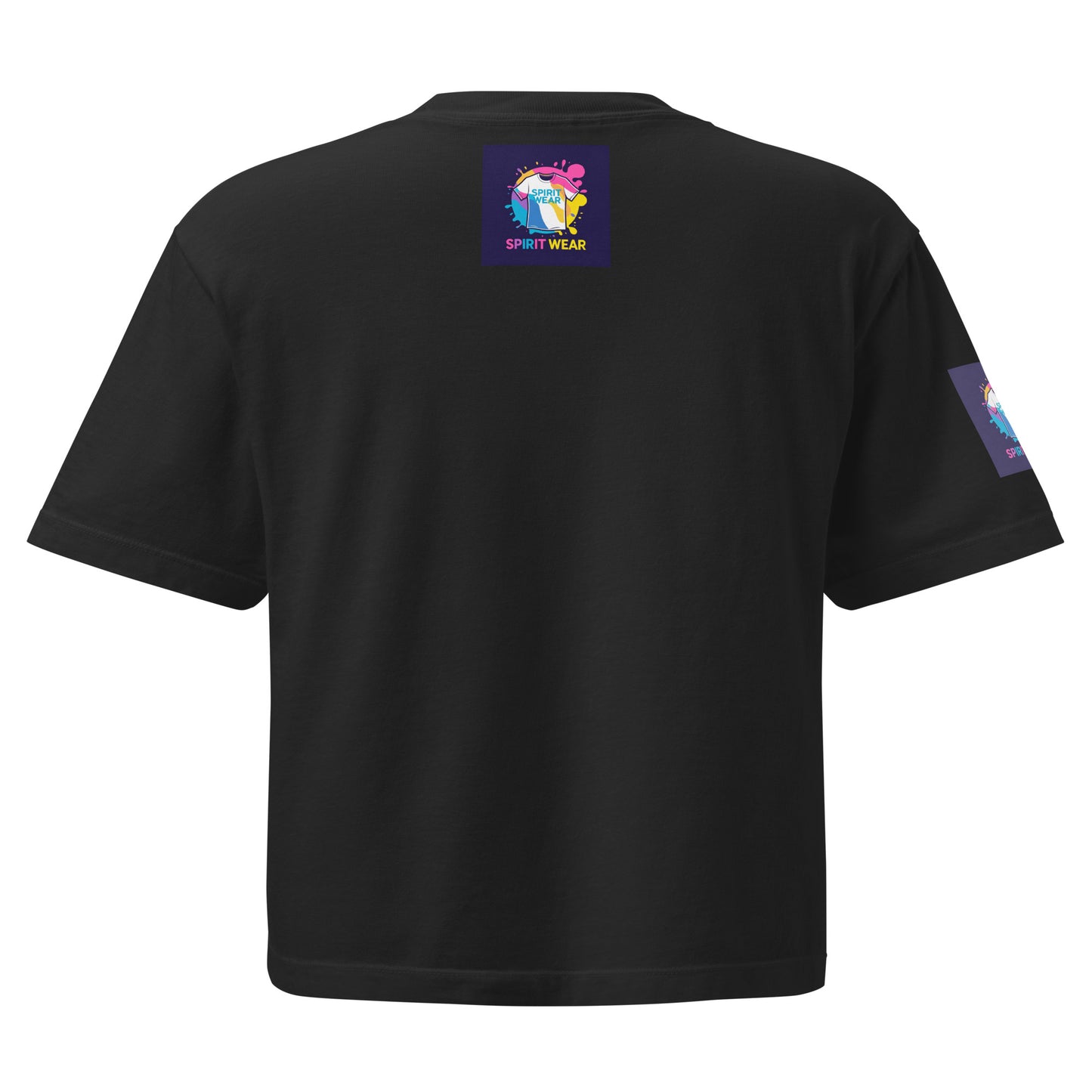 Black women's Christian boxy tee by Spirit Wear featuring colorful logo on back and sleeve