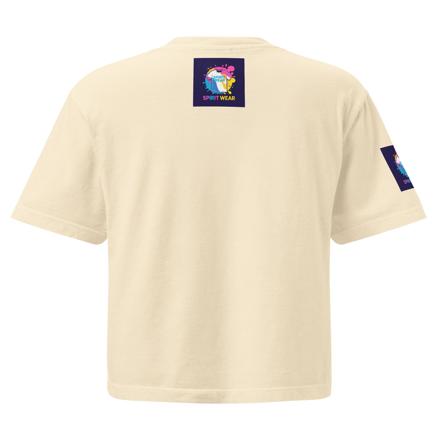 Back view of Spirit Wear women's Christian boxy tee in beige with logo patches on upper back and sleeve