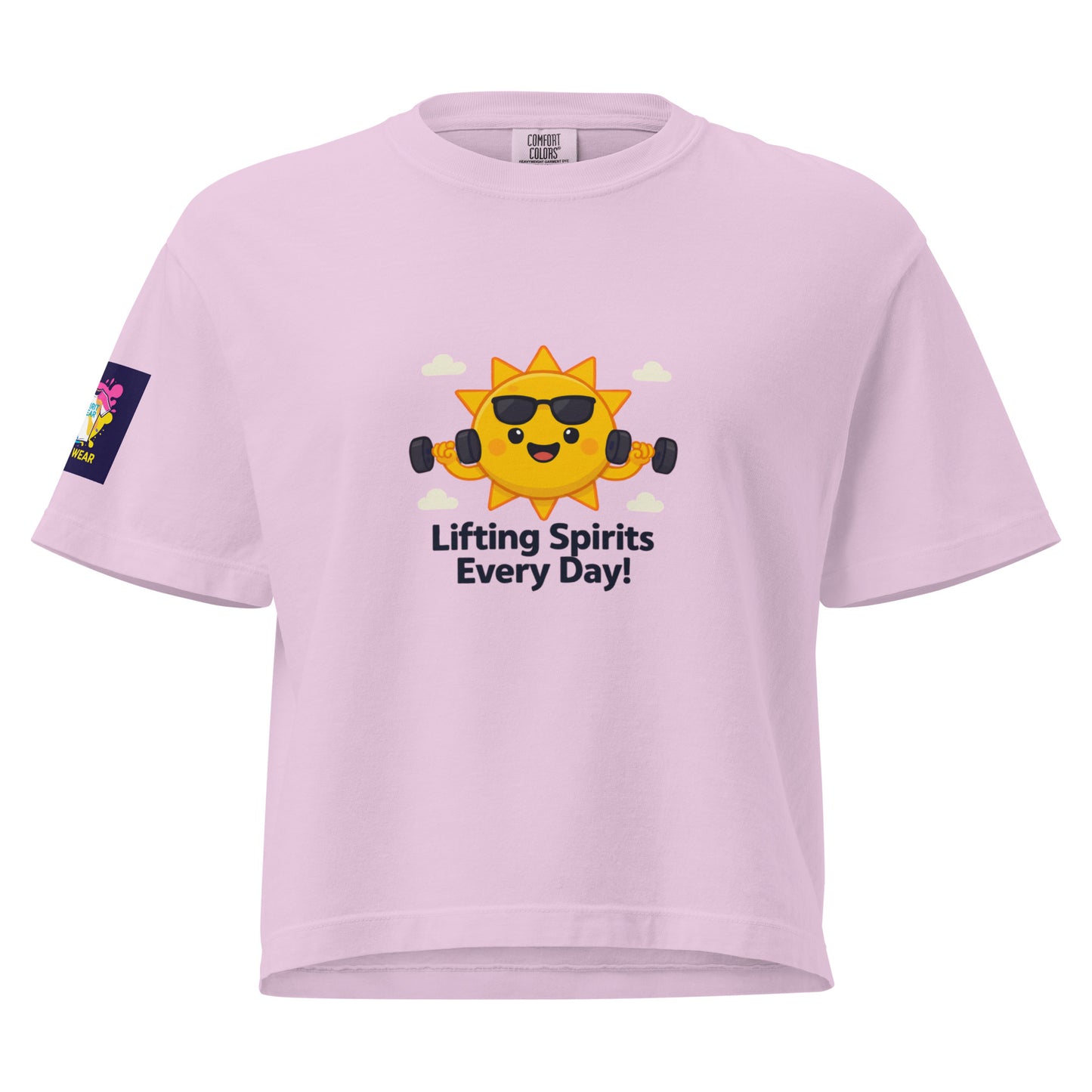 Spirit Wear women's Christian boxy tee in pink with sun graphic lifting weights and uplifting text