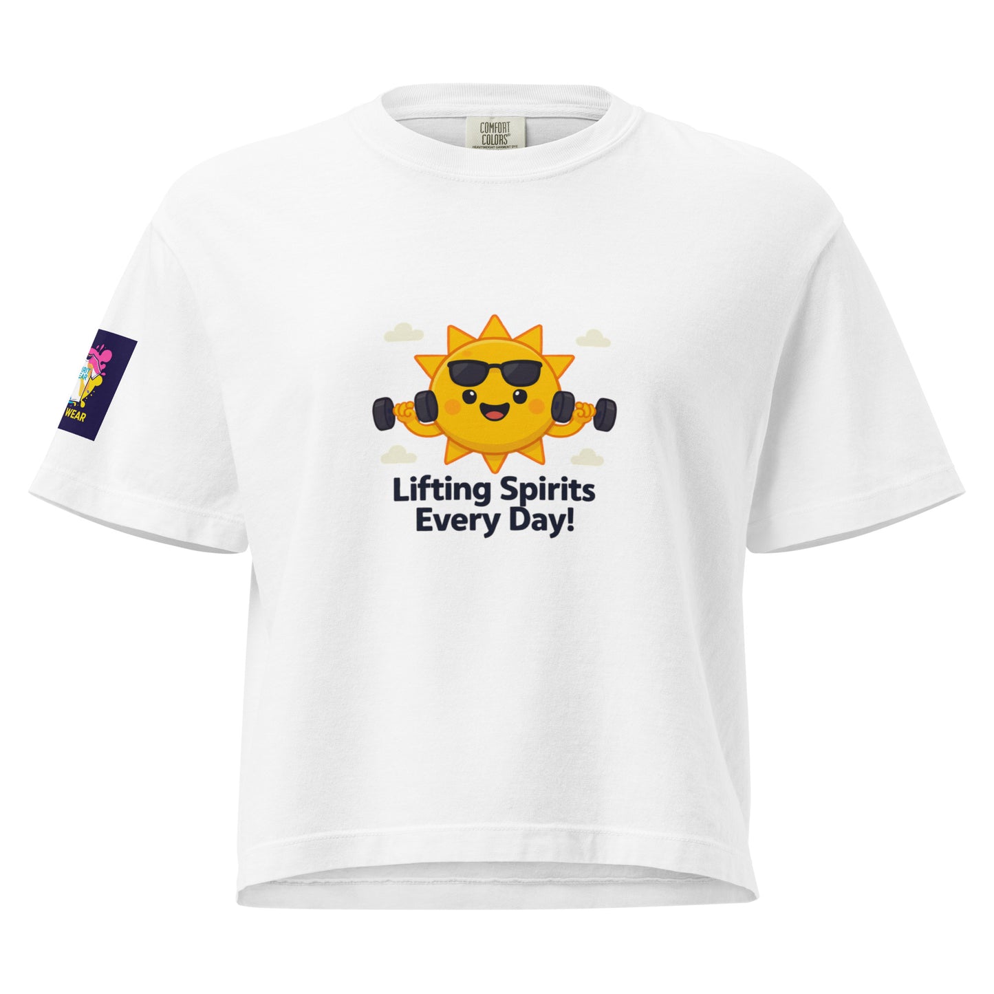 Spirit Wear women's Christian boxy tee in white with sun lifting dumbbells and Lifting Spirits Every Day text