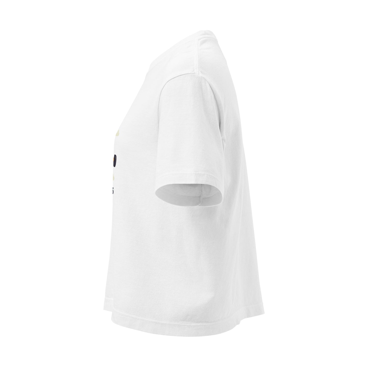 Side view of white women's Christian boxy tee with short sleeves and relaxed fit by Spirit Wear