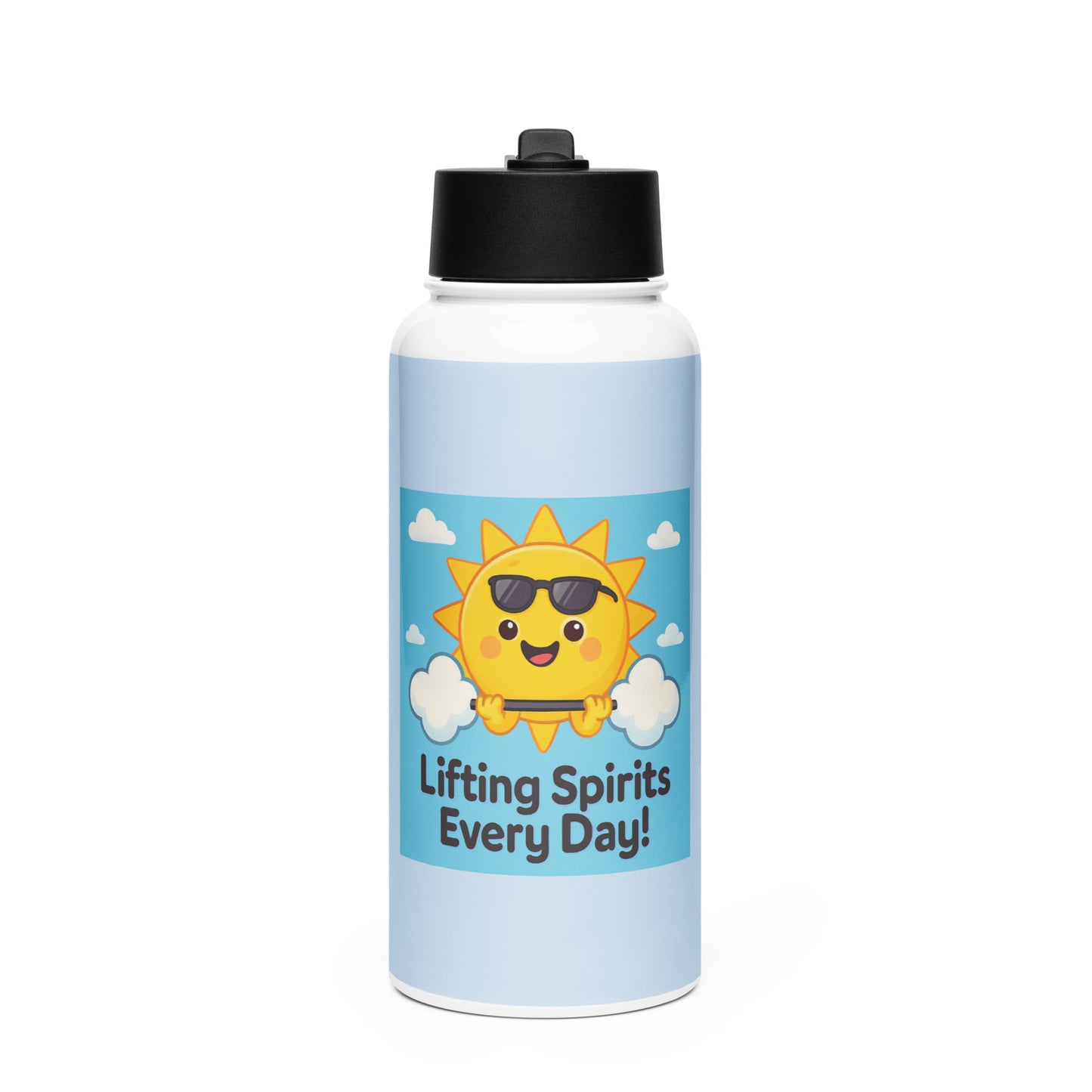 Stainless steel water bottle with straw lid featuring a smiling sun and uplifting text design