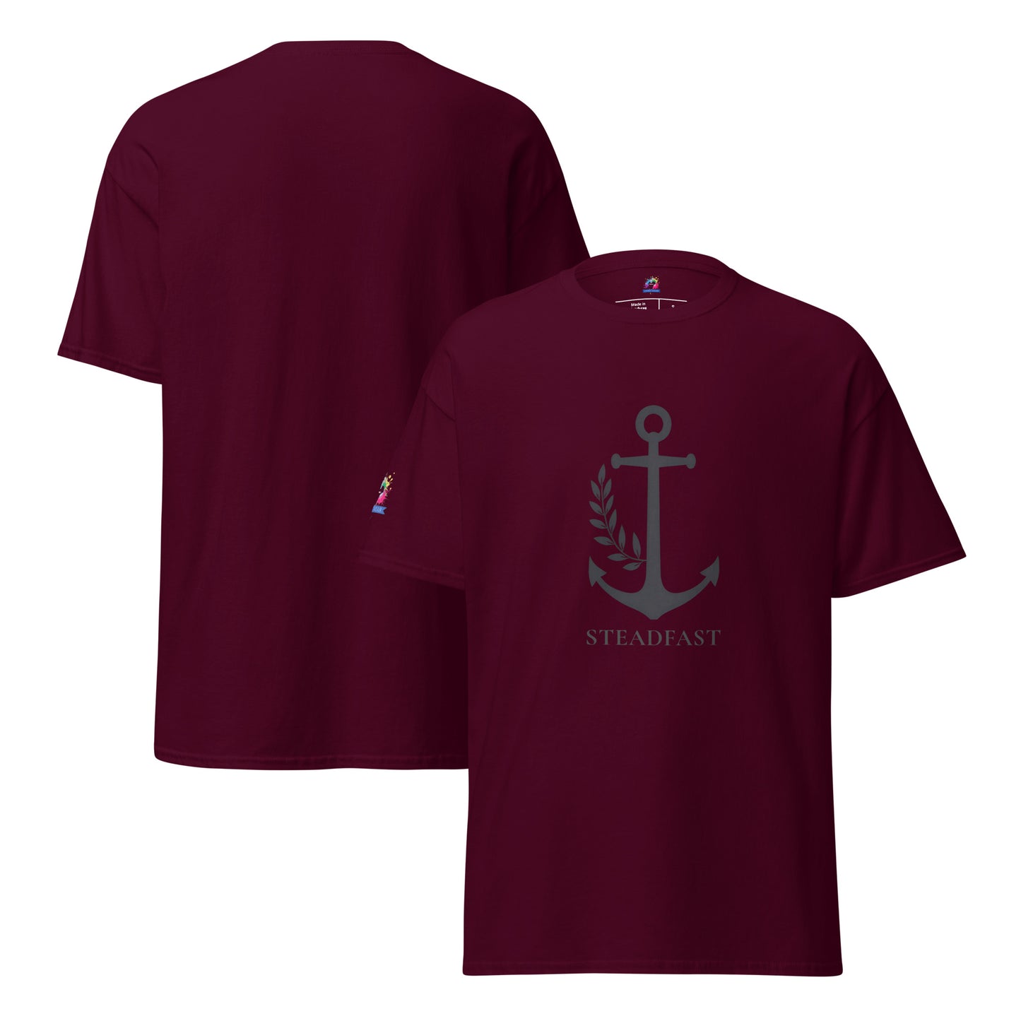 Maroon Spirit Wear Christian t-shirt withchor design showing anchor and laurel print with STEADFAST text front and back view