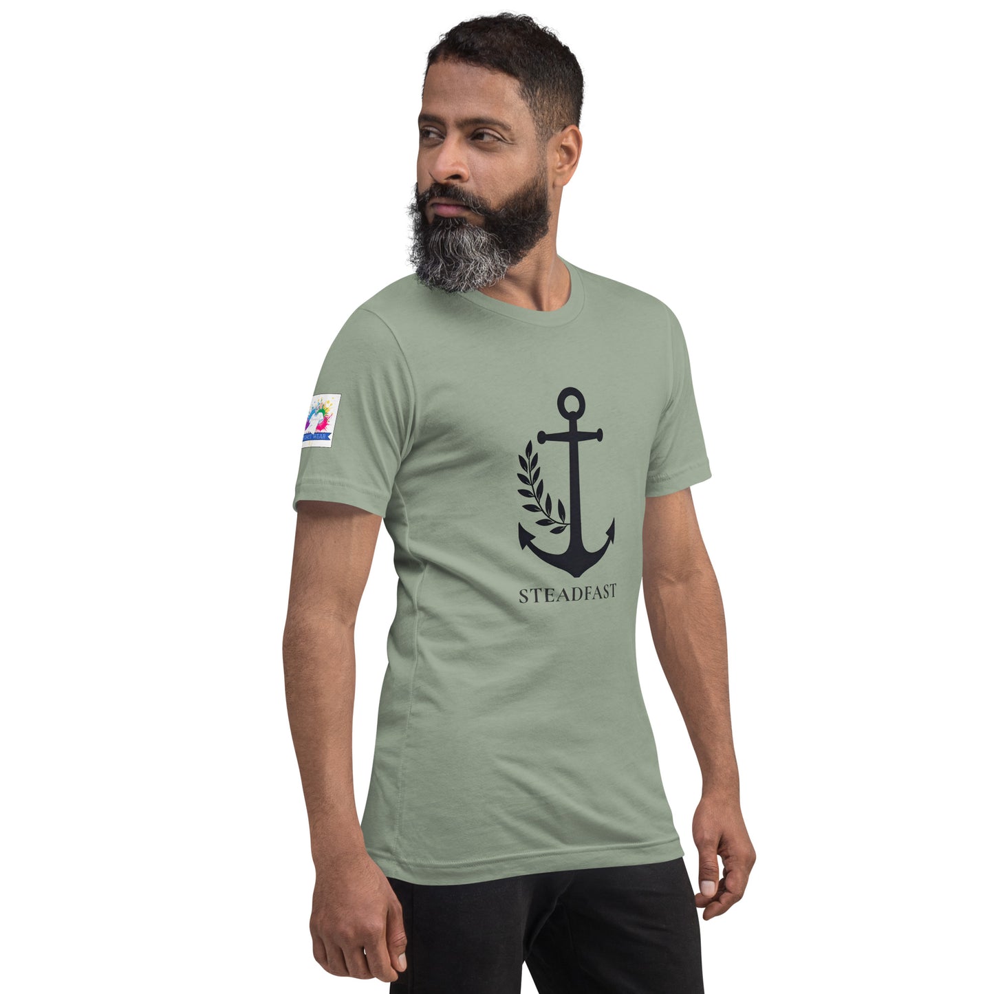 Spirit Wear model wearing a sage green Christian anchor shirt for men and women with black anchor and Steadfast text