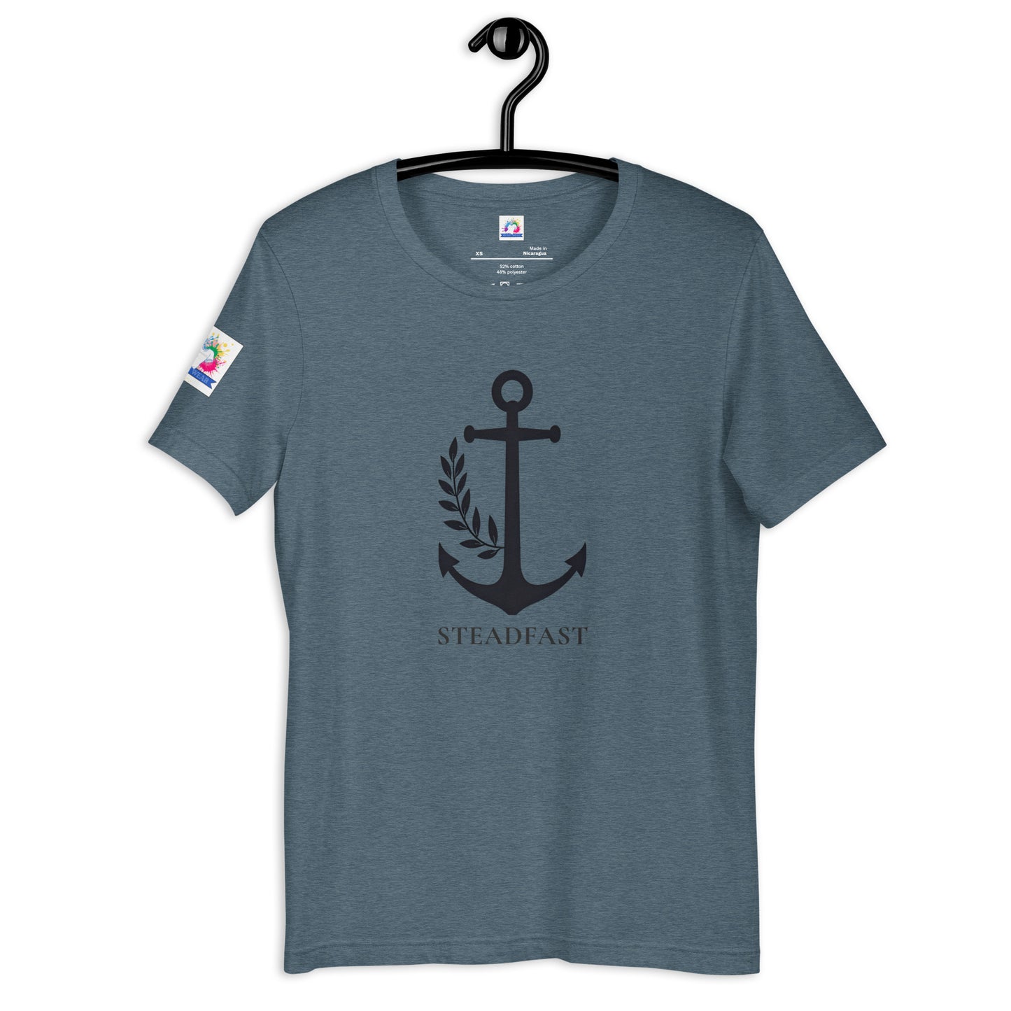 Christian anchor shirt for men and women blue heather tee with black anchor and STEADFAST text faith apparel