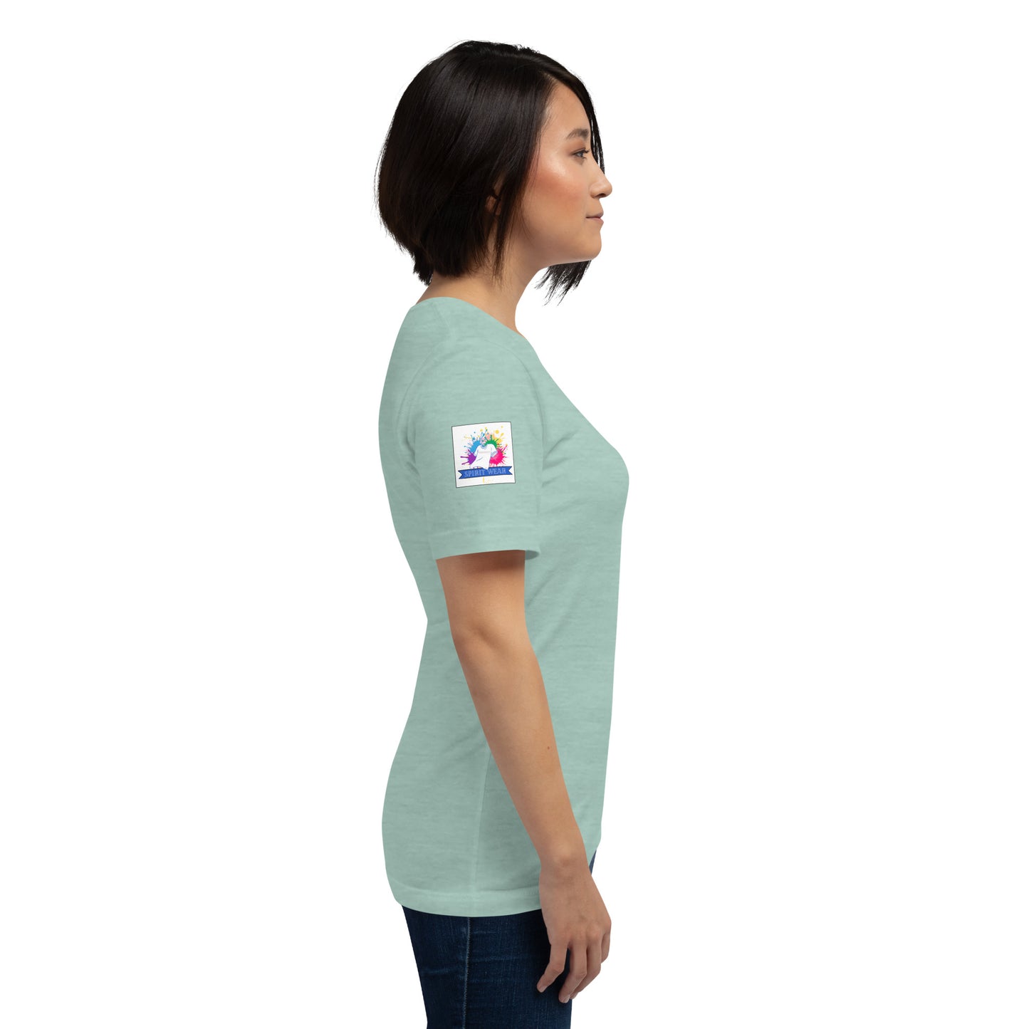 Side profile of woman wearing light green Christian anchor shirt for men and women. Small sleeve patch showing Spirit Wear logo