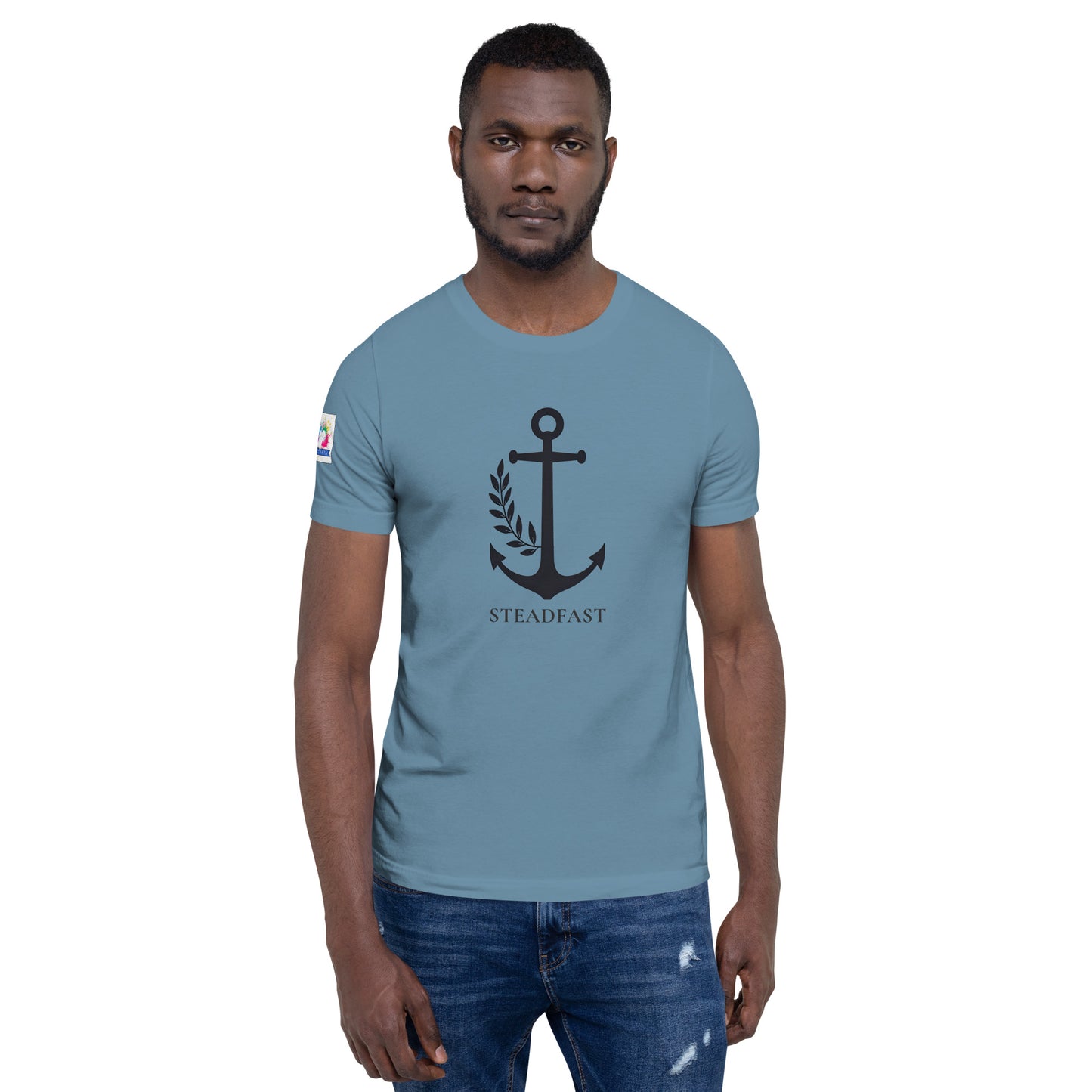 Light blue tee with black anchor graphic and STEADFAST text worn by male model Christian anchor shirt for men and women