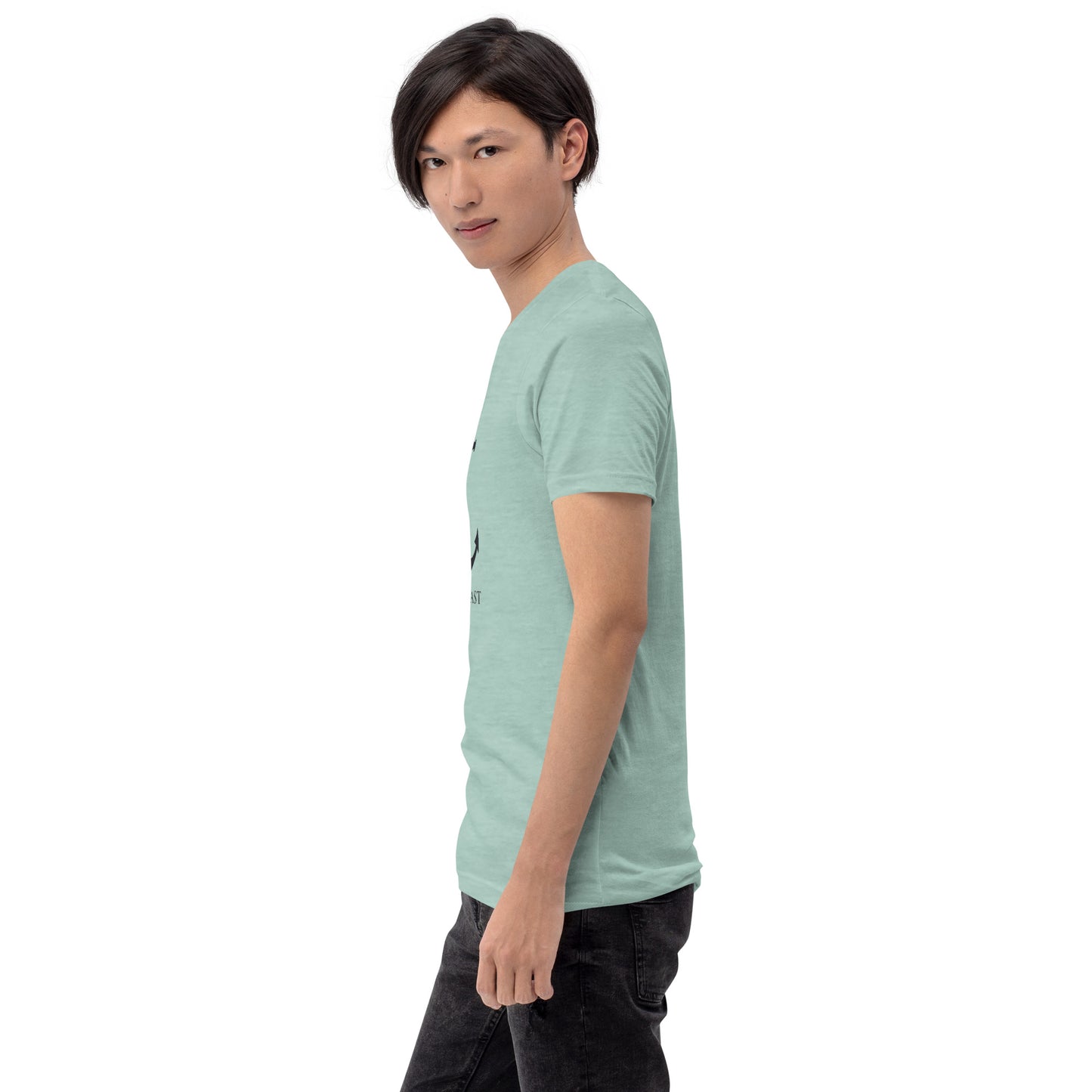 Male model wearing mint green Christian anchor shirt for men and women. Slim casual tee side view
