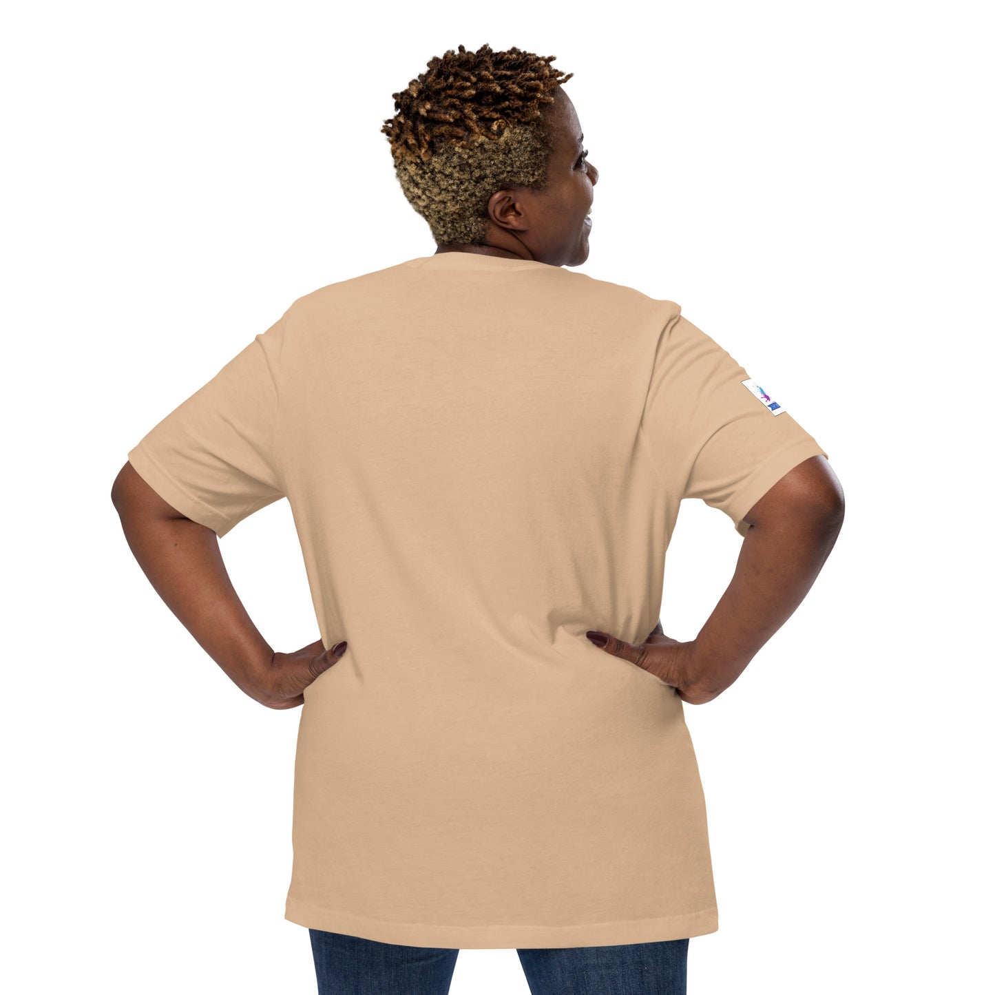Christian anchor shirt for men and women beige back view on plus size model hands on hips casual faith tee