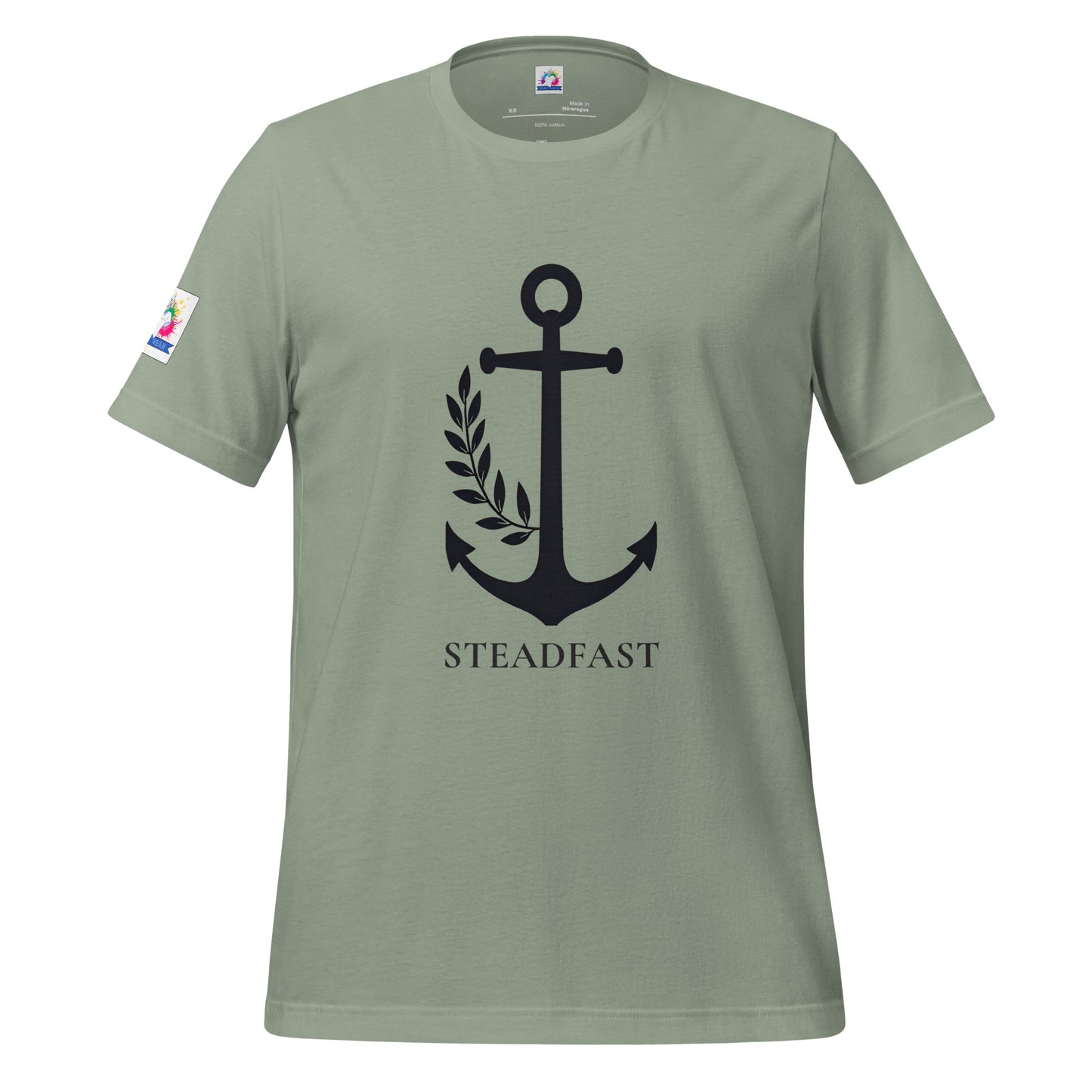Spirit Wear sage green tshirt with black anchor and laurel graphic and STEADFAST text Christian anchor shirt for men and women.
